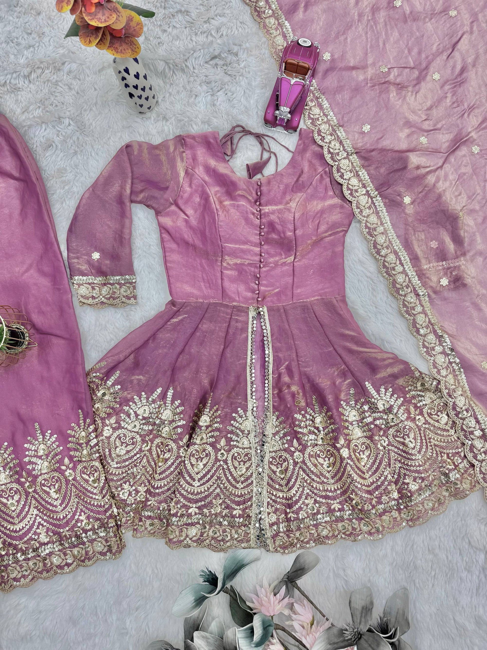 Lorenvalley Fashion Pink Fendy Satin Embroidery Sequins work with Real Mirror Kurta Palazzo with Dupatta