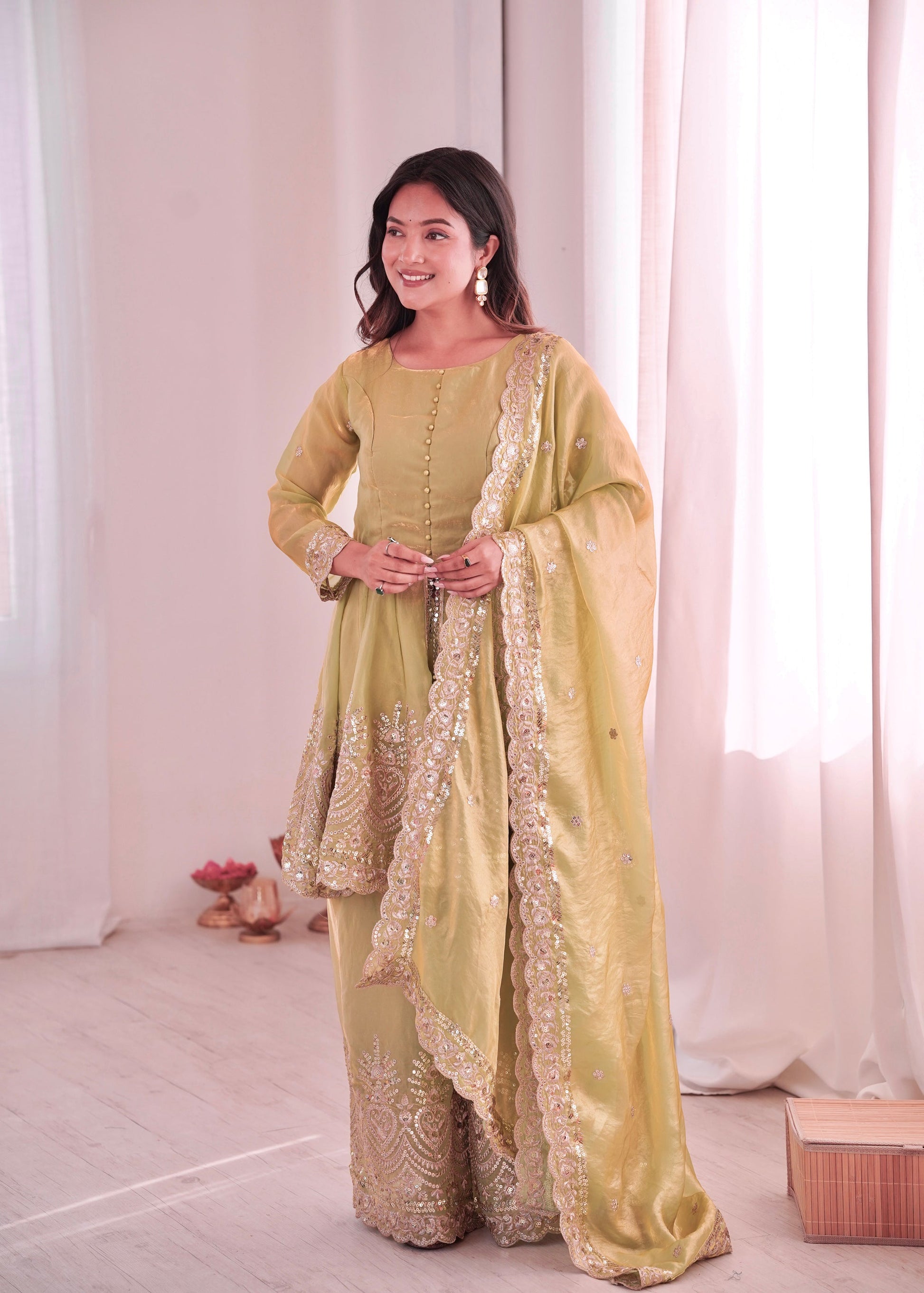 Lorenvalley Fashion Pista Green Fendy Satin Embroidery Sequins work with Real Mirror Kurta Palazzo with Dupatta