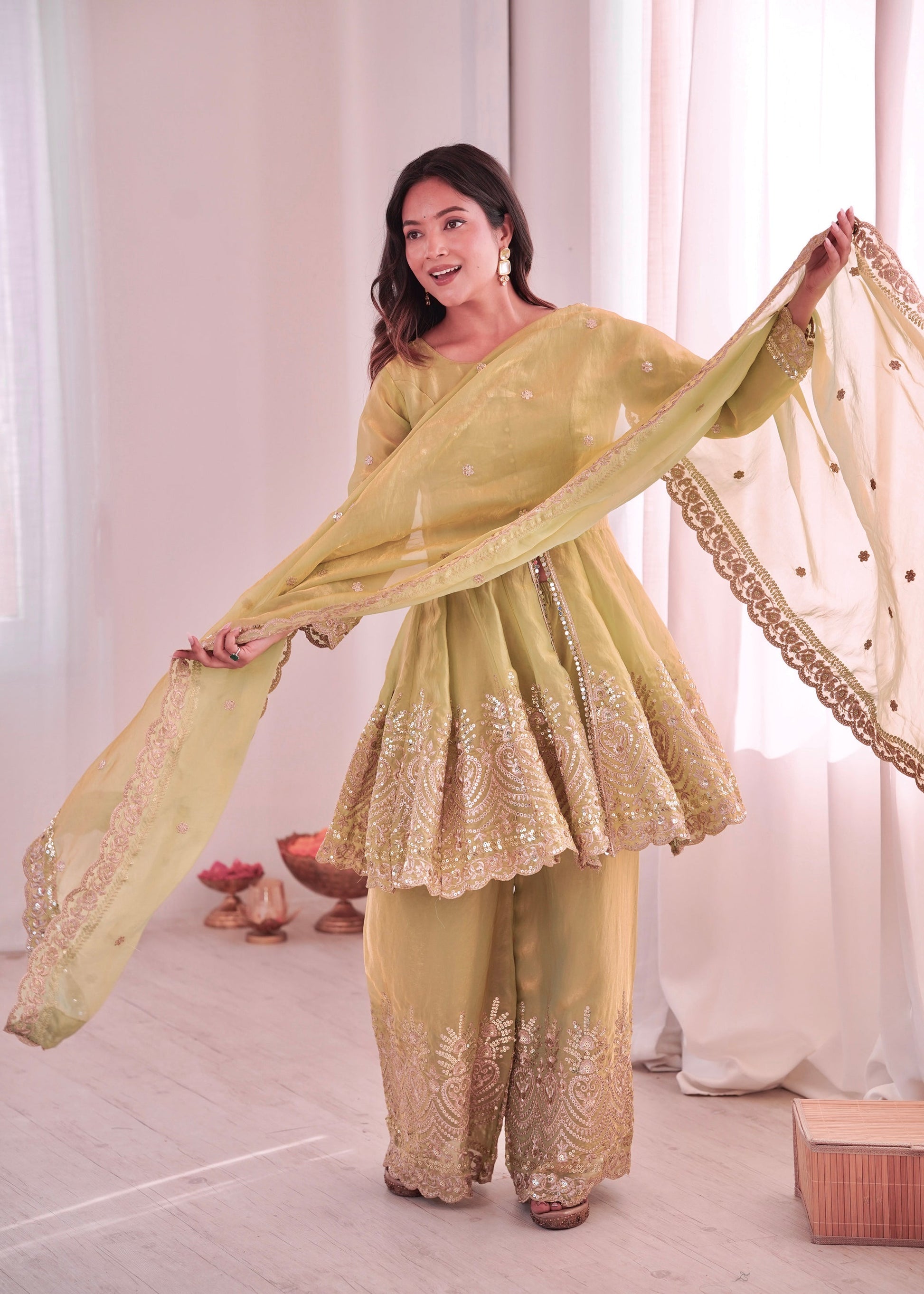 Lorenvalley Fashion Pista Green Fendy Satin Embroidery Sequins work with Real Mirror Kurta Palazzo with Dupatta