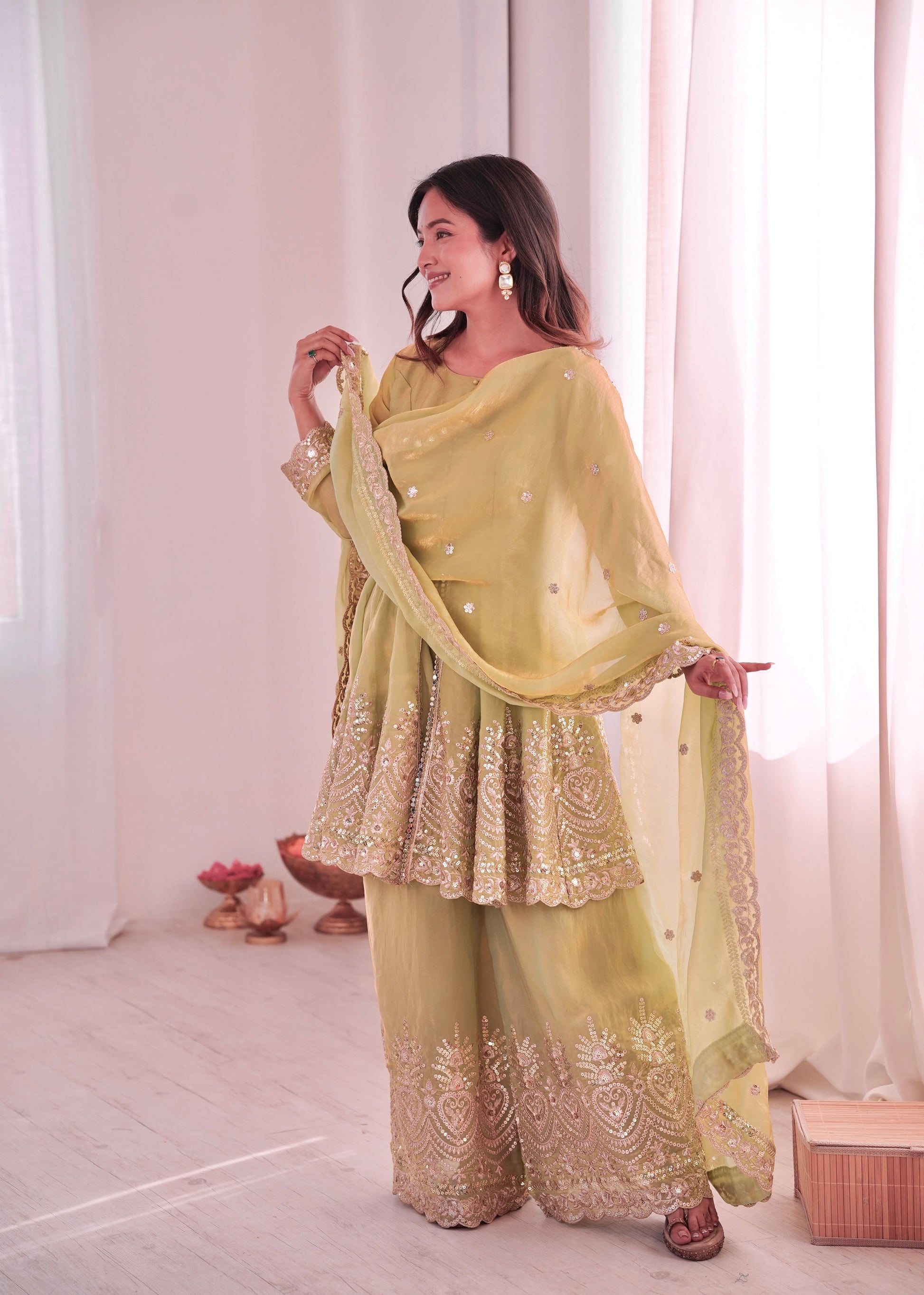 Lorenvalley Fashion Pista Green Fendy Satin Embroidery Sequins work with Real Mirror Kurta Palazzo with Dupatta