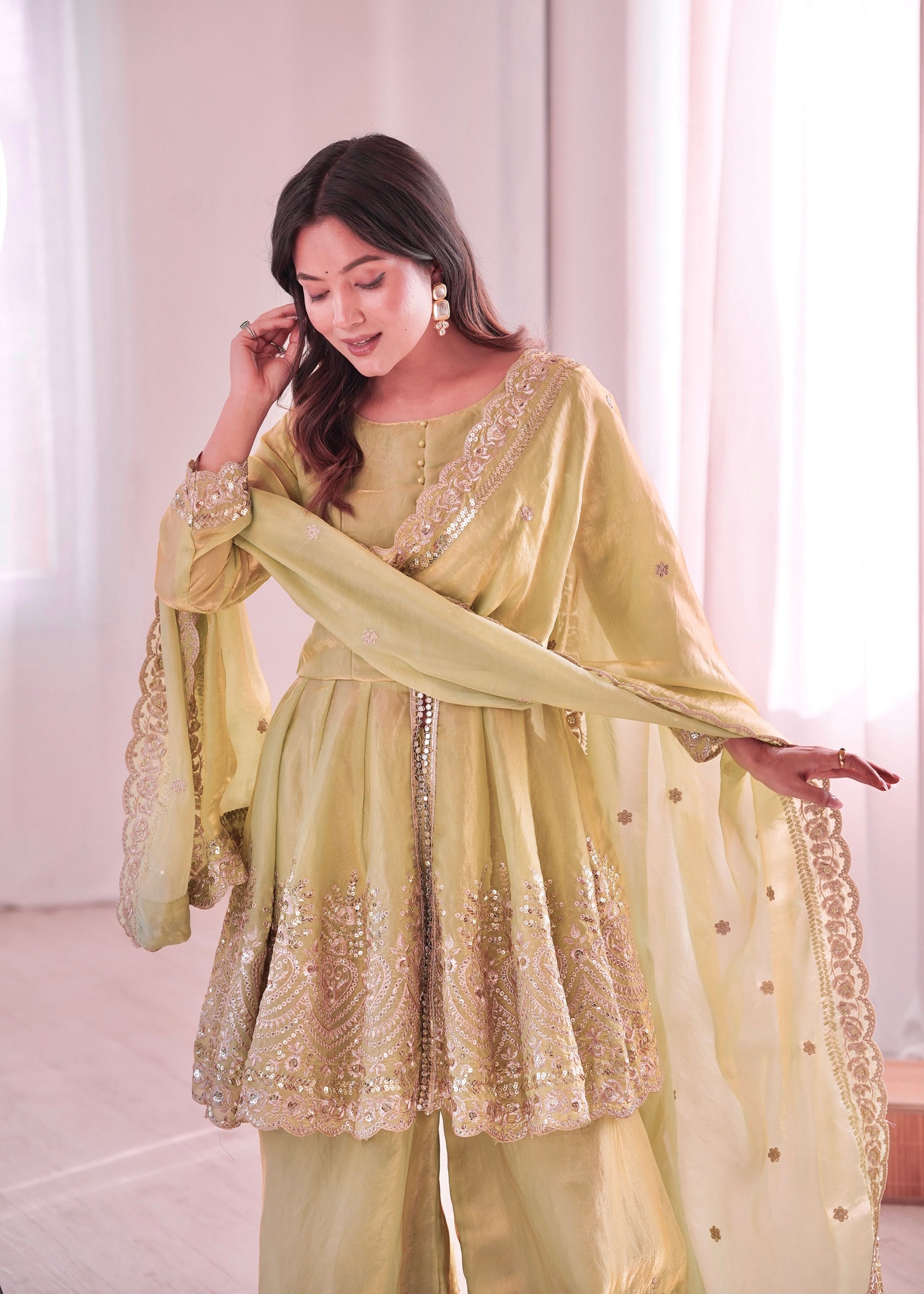Lorenvalley Fashion Pista Green Fendy Satin Embroidery Sequins work with Real Mirror Kurta Palazzo with Dupatta