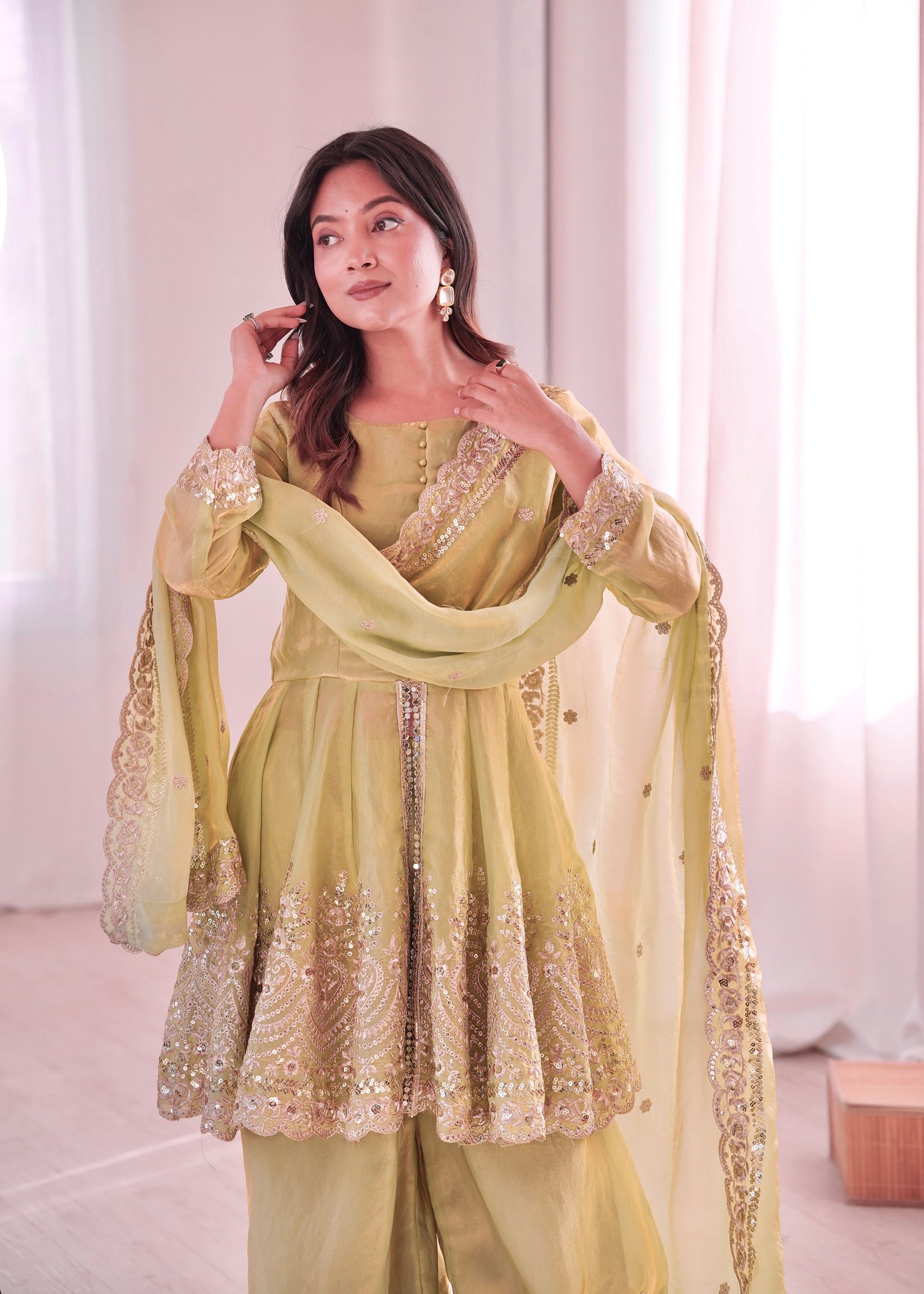 Lorenvalley Fashion Pista Green Fendy Satin Embroidery Sequins work with Real Mirror Kurta Palazzo with Dupatta