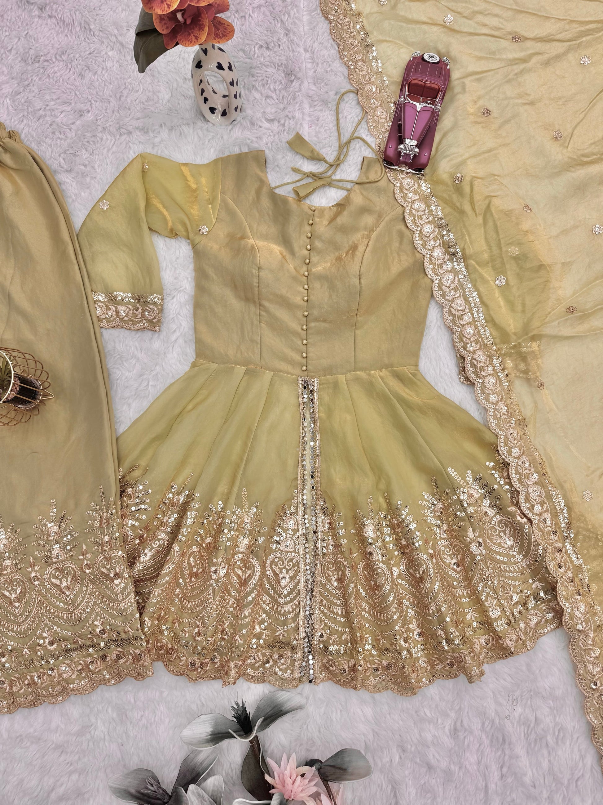 Lorenvalley Fashion Pista Green Fendy Satin Embroidery Sequins work with Real Mirror Kurta Palazzo with Dupatta