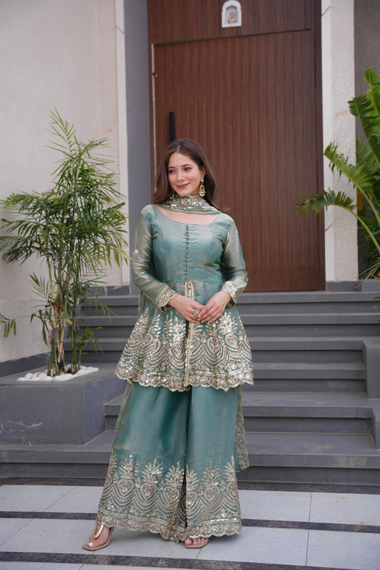 Lorenvalley Fashion Seagreen Fendy Satin Embroidery Sequins work with Real Mirror Kurta Palazzo with Dupatta 