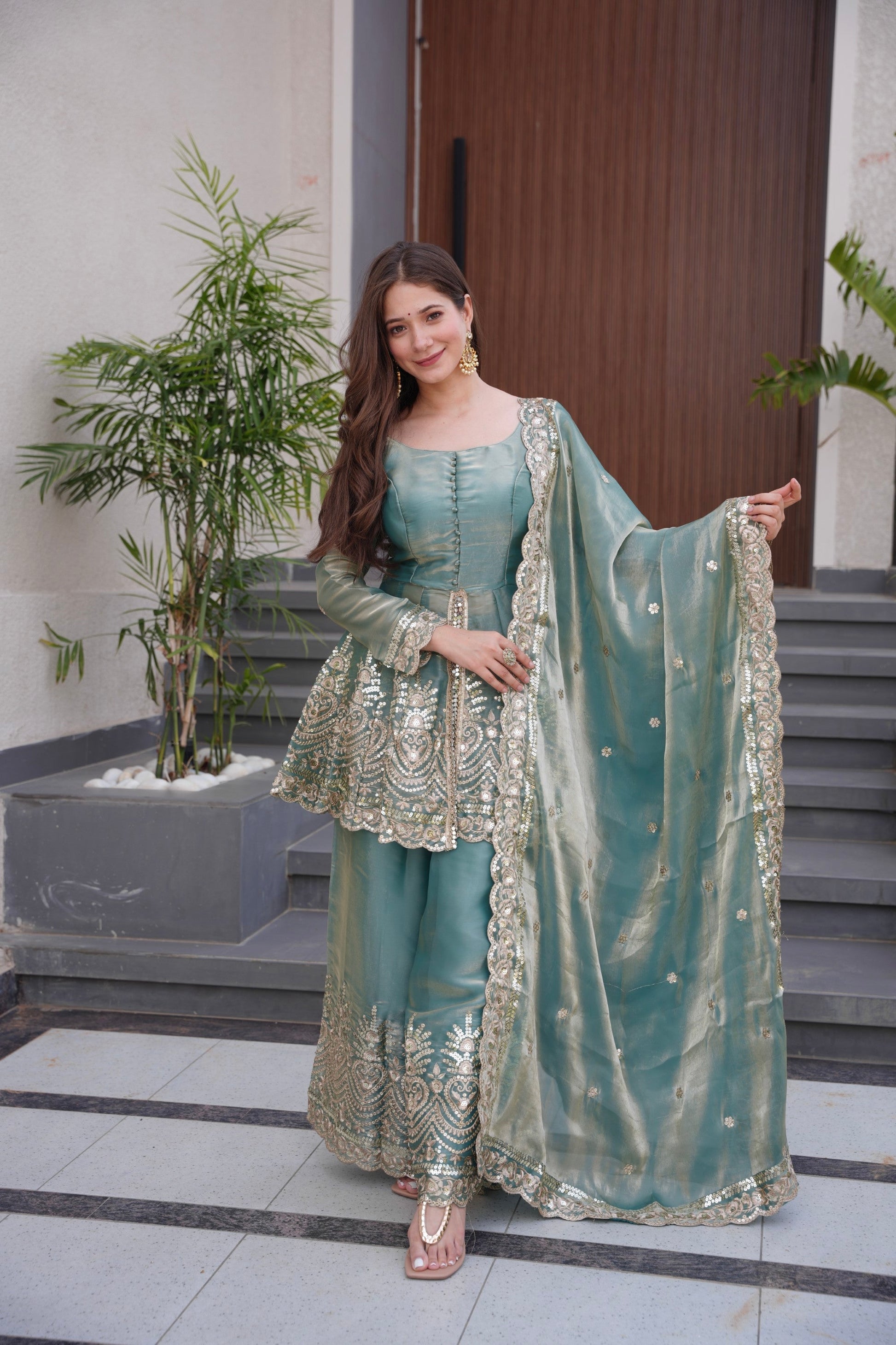 Lorenvalley Fashion Seagreen Fendy Satin Embroidery Sequins work with Real Mirror Kurta Palazzo with Dupatta 