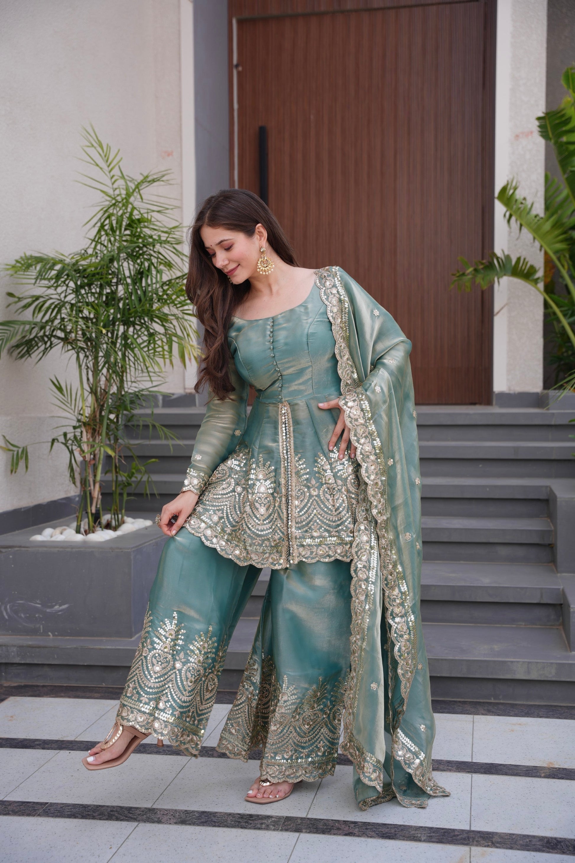 Lorenvalley Fashion Seagreen Fendy Satin Embroidery Sequins work with Real Mirror Kurta Palazzo with Dupatta 