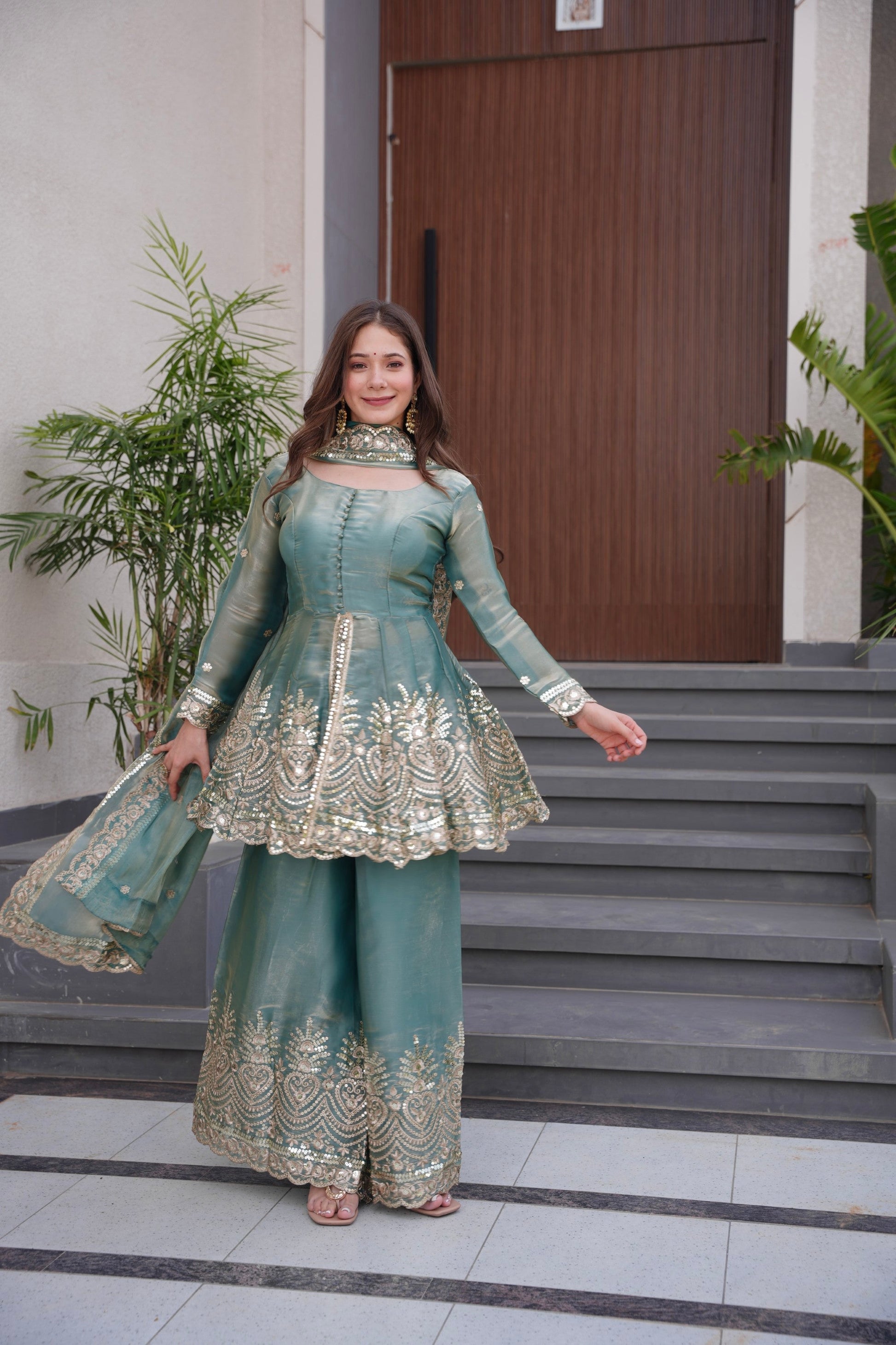 Lorenvalley Fashion Seagreen Fendy Satin Embroidery Sequins work with Real Mirror Kurta Palazzo with Dupatta 