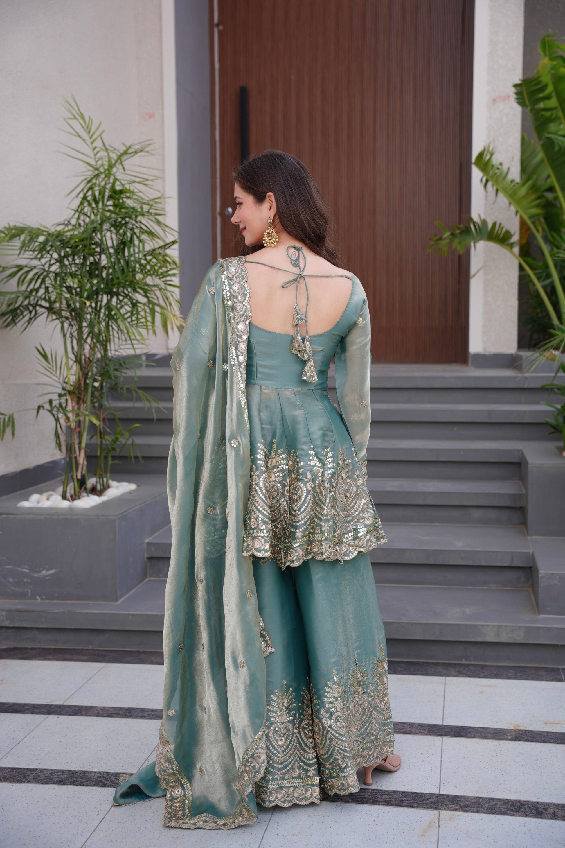 Lorenvalley Fashion Seagreen Fendy Satin Embroidery Sequins work with Real Mirror Kurta Palazzo with Dupatta 