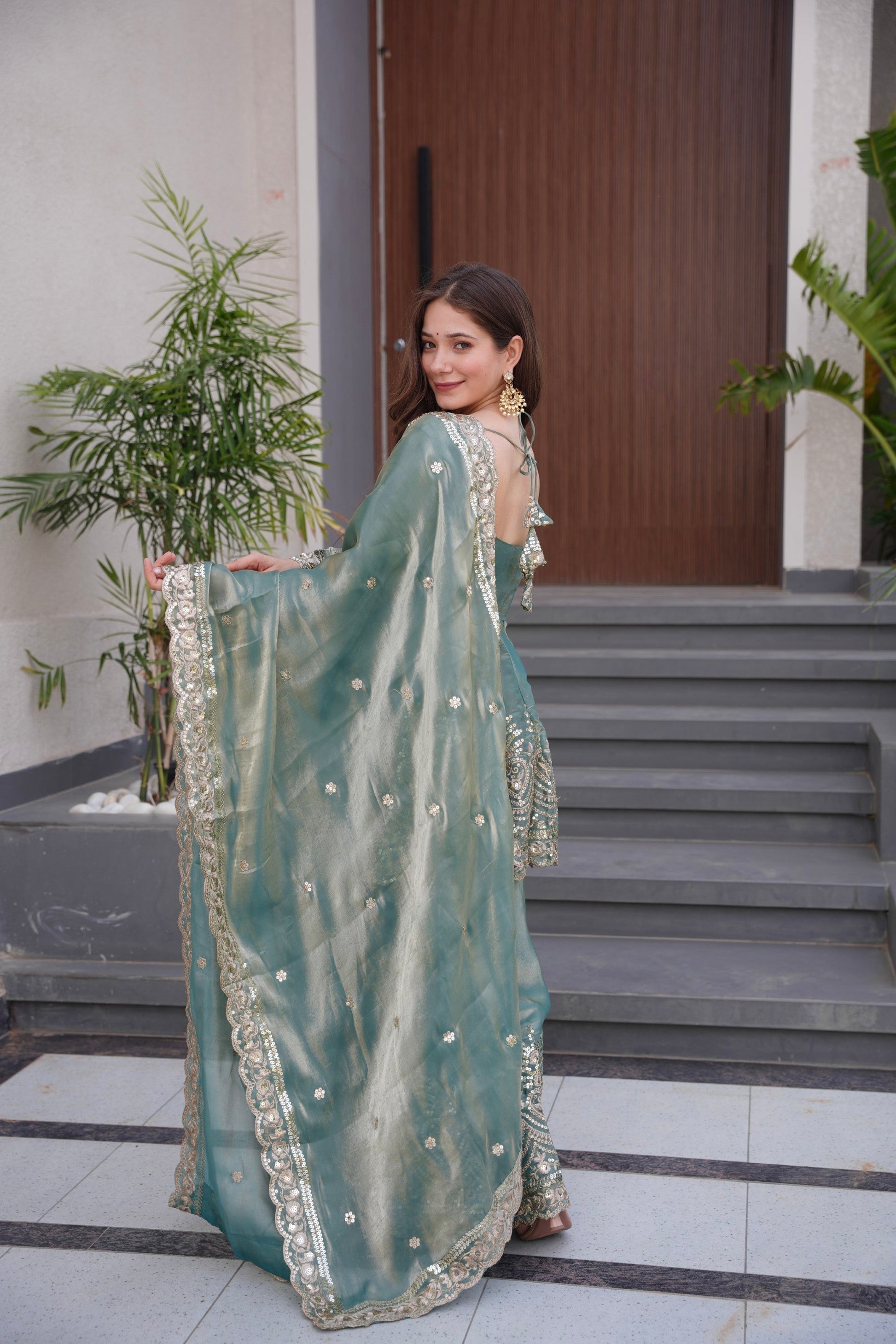 Lorenvalley Fashion Seagreen Fendy Satin Embroidery Sequins work with Real Mirror Kurta Palazzo with Dupatta 