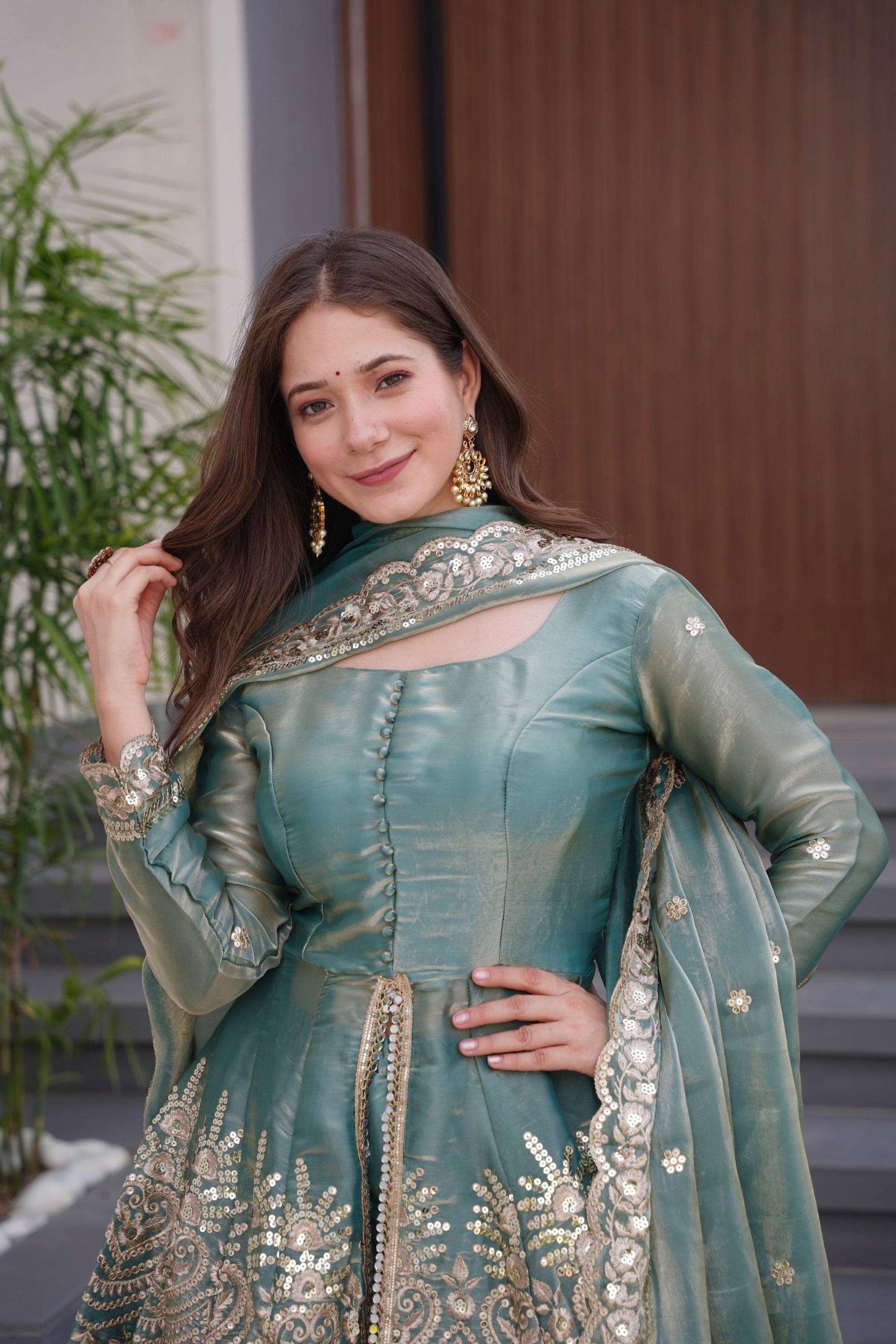 Lorenvalley Fashion Seagreen Fendy Satin Embroidery Sequins work with Real Mirror Kurta Palazzo with Dupatta 