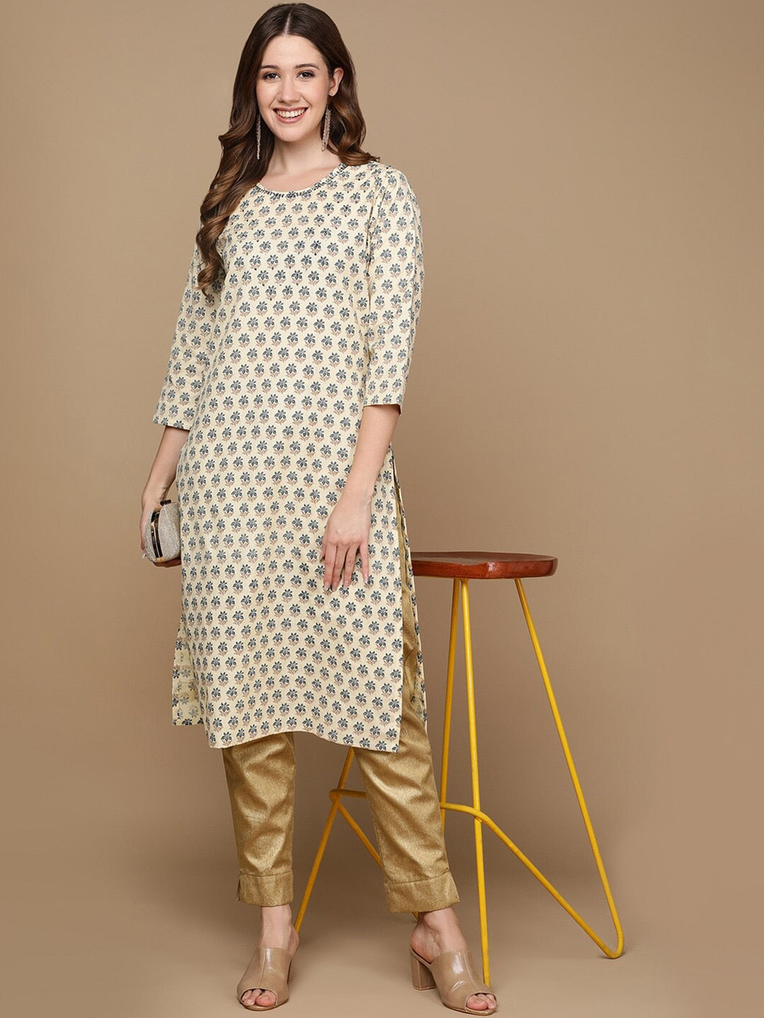 HERE&NOW Cream-Color & Teal Ethnic Motifs Printed Sequined Cotton Kurta