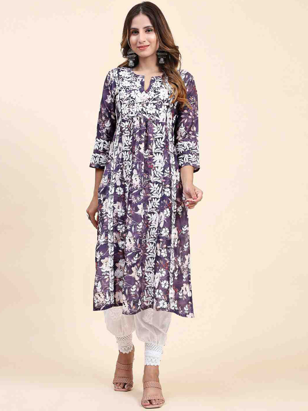 HOUSE OF KARI Floral Printed Chikankari Work Kurta 