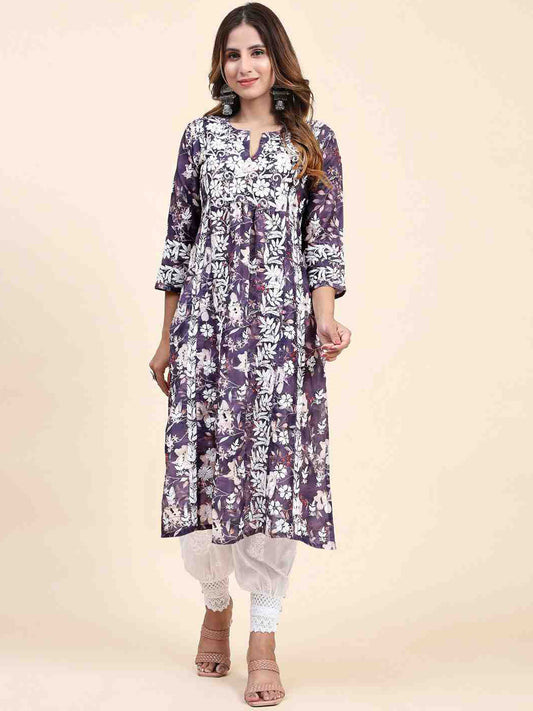 HOUSE OF KARI Floral Printed Chikankari Work Kurta 