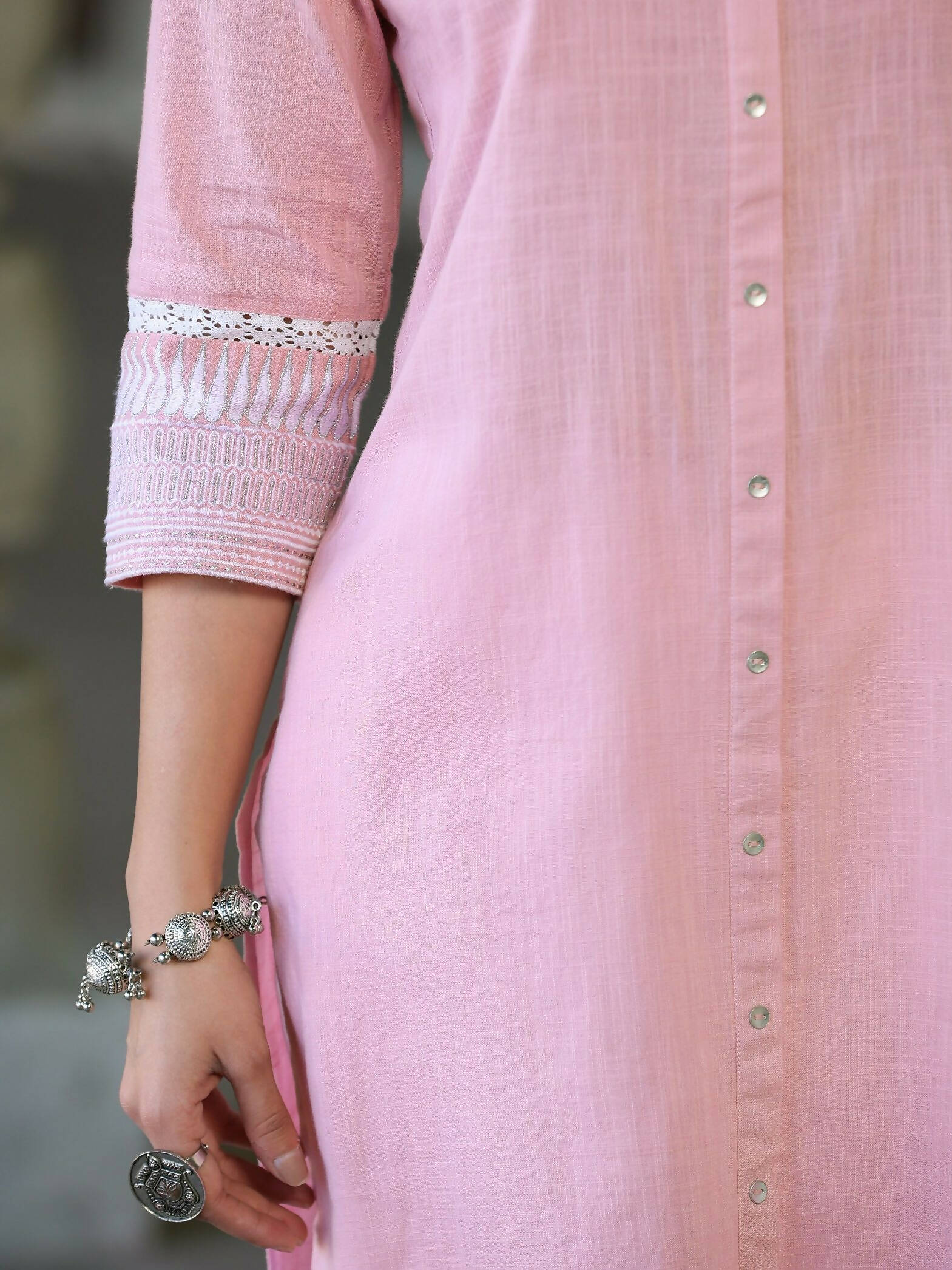 Juniper Women's Pink Cotton Slub Embroidered Straight Kurta