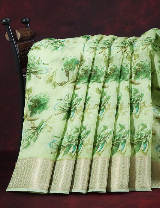 Shades of Light Parrot Green Colour Floral Design Semi Chanderi Grab2Buy By Gayathri Reddy Designer Studio 