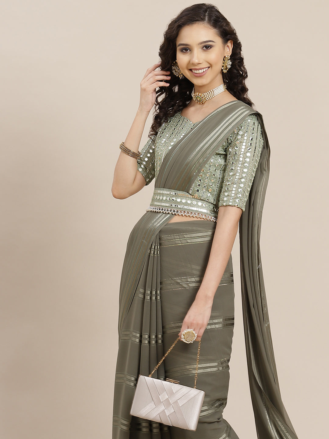 Saree Mall Taupe Striped Leheriya Saree With Belt