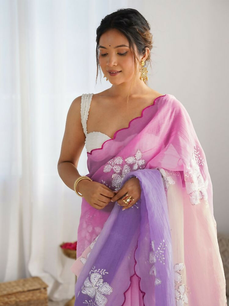 PR Fashion Pink_Lavender Gold Crush Embroidery Work Saree