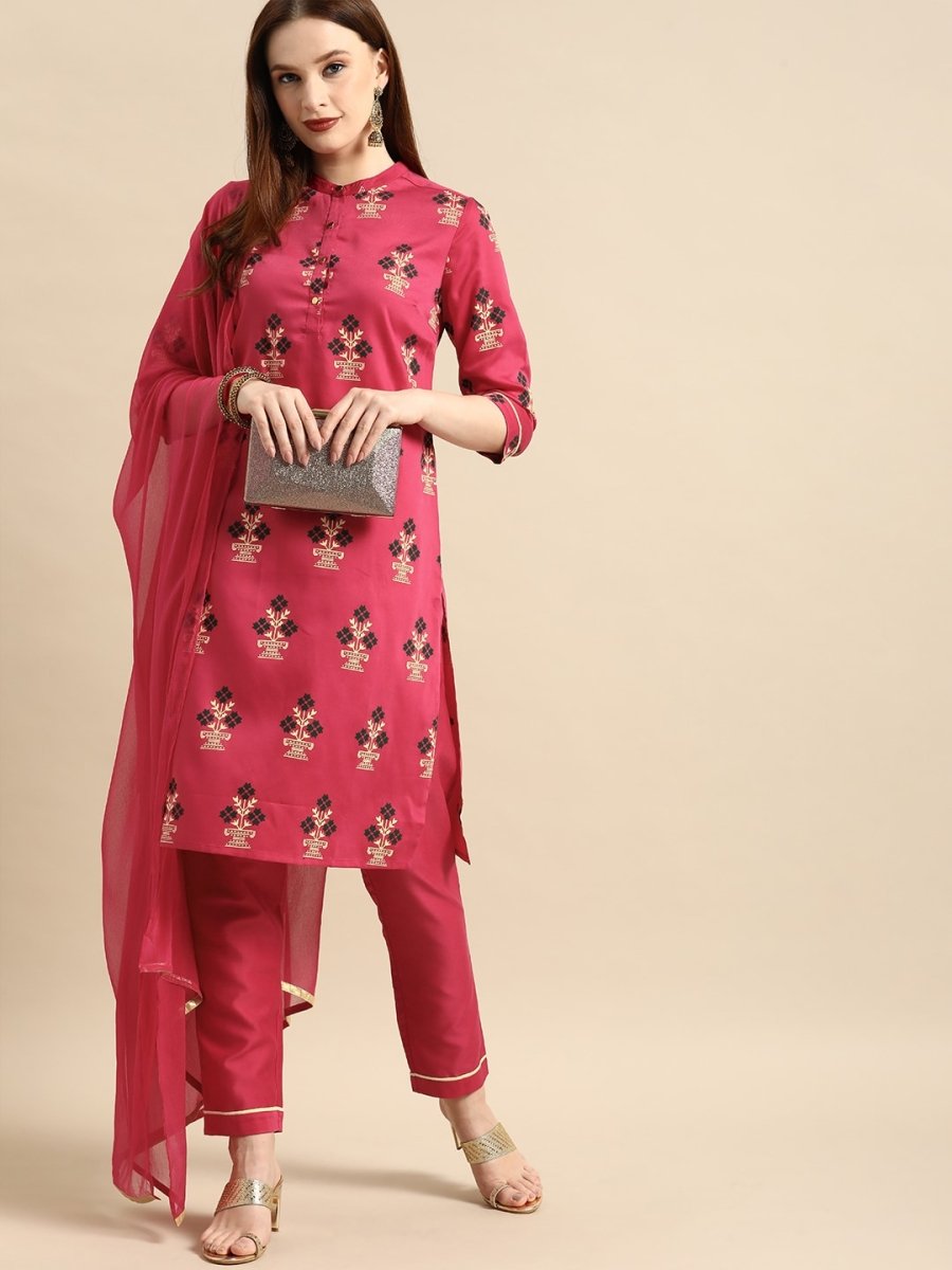 All About You Women Pink Ethnic Motifs Printed Kurta with Trousers & With Dupatta