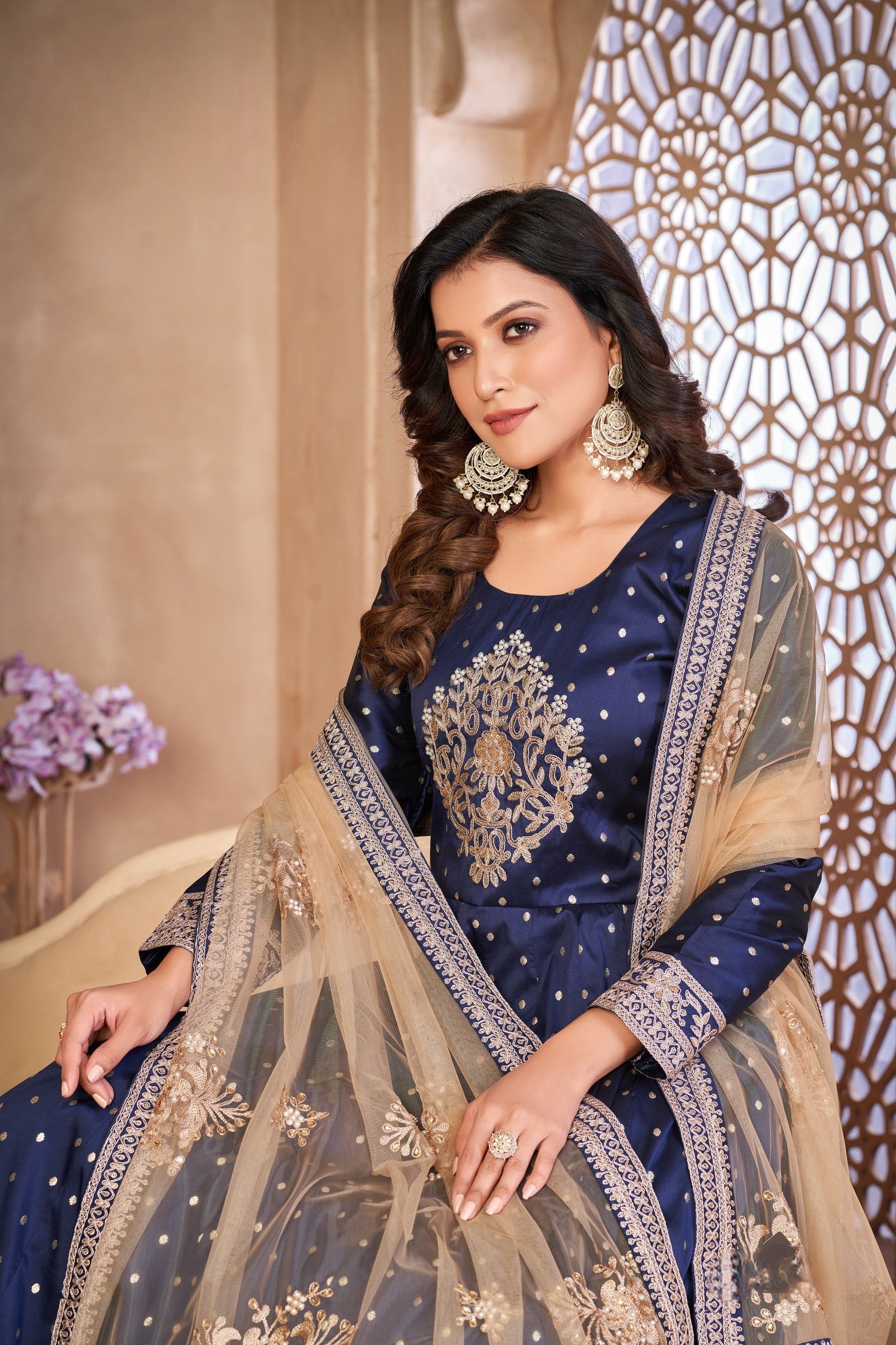 Anaita Navy Blue Embroidered Tapeta Silk Anarkali Suit