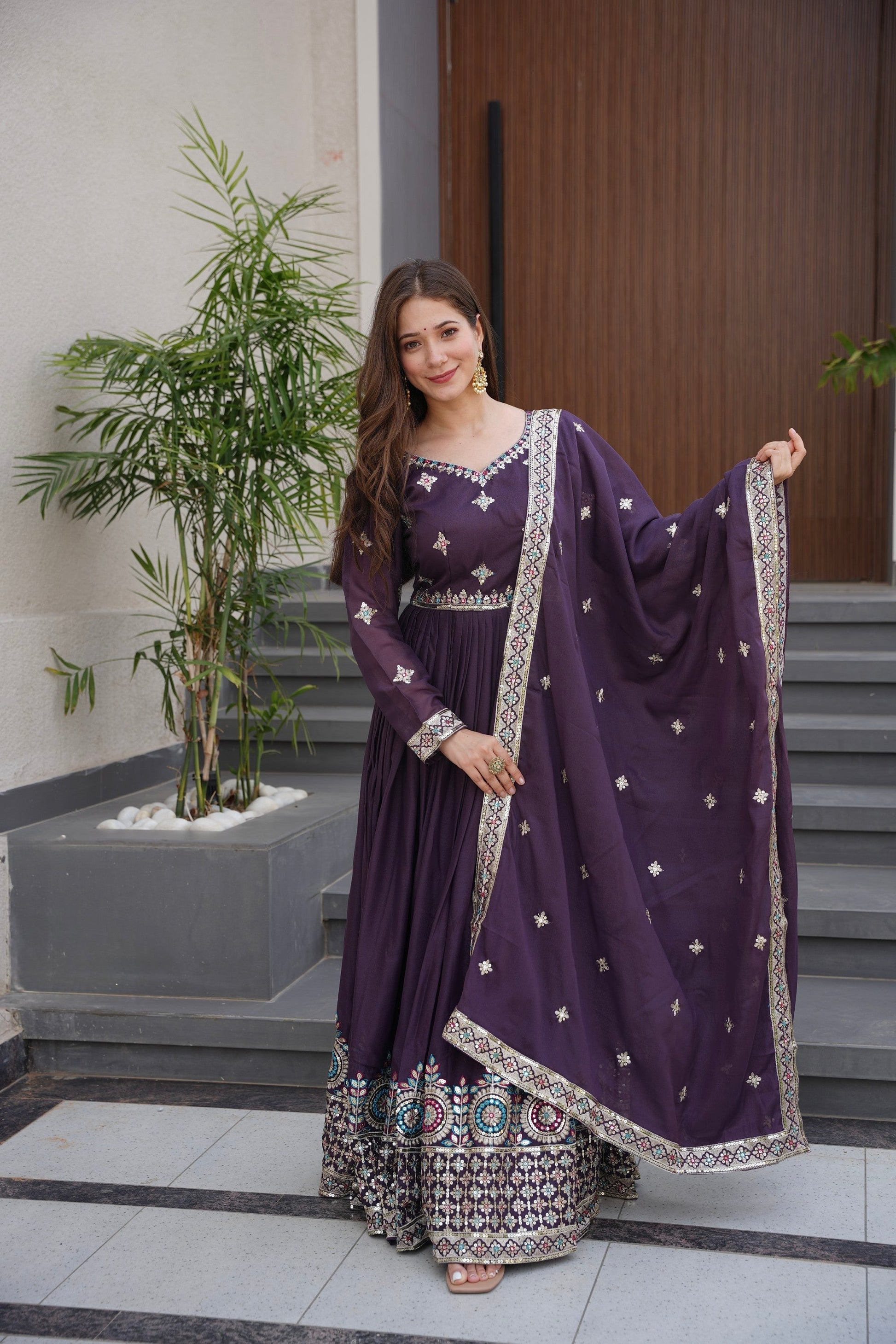 Lorenvalley Fashion Wine Diamond Silk with Embroidery Threads & Sequins Work Anarkali Gown with Dupatta 