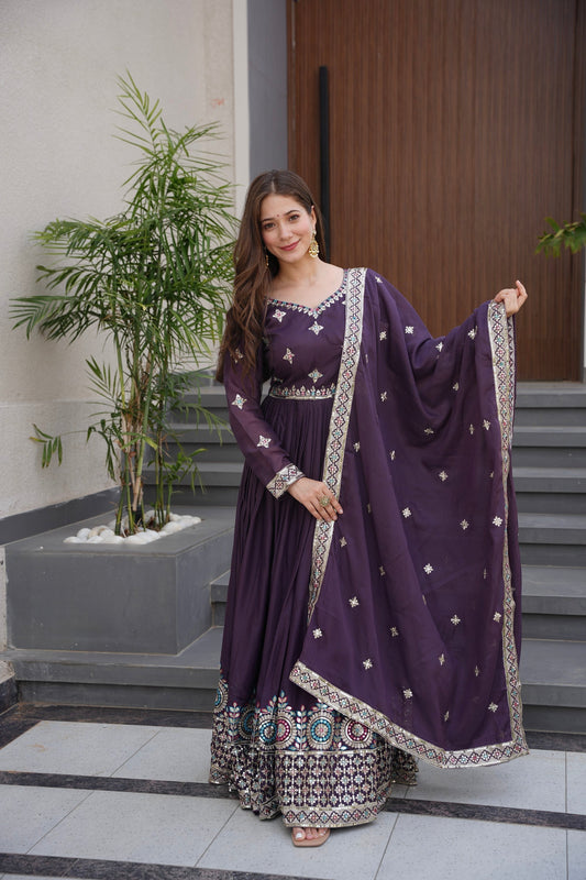 Lorenvalley Fashion Wine Diamond Silk with Embroidery Threads & Sequins Work Anarkali Gown with Dupatta 