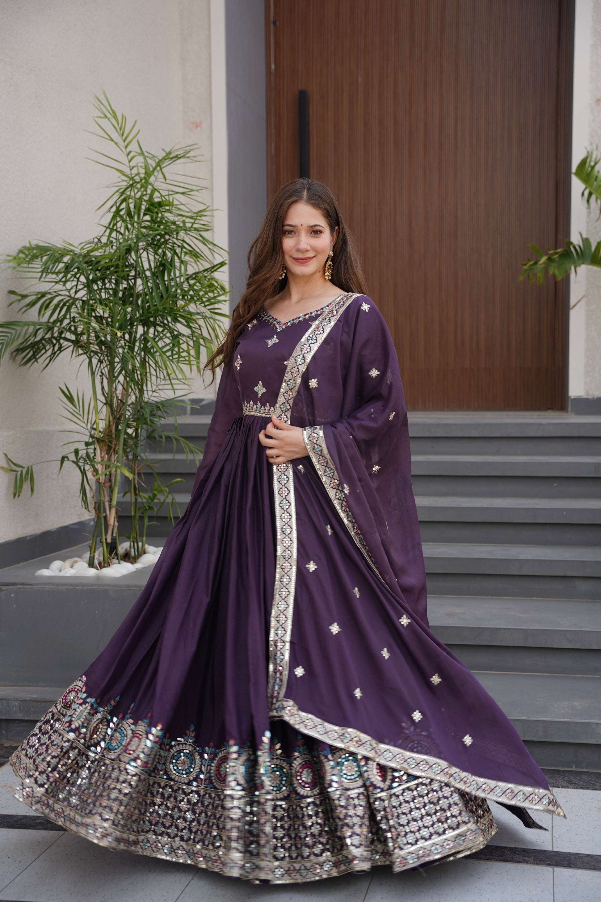 Lorenvalley Fashion Wine Diamond Silk with Embroidery Threads & Sequins Work Anarkali Gown with Dupatta 