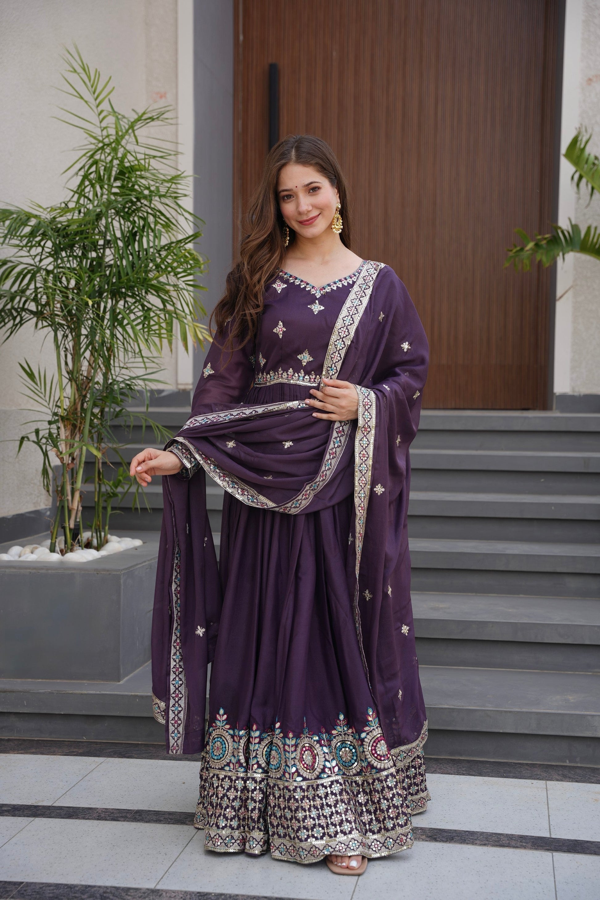 Lorenvalley Fashion Wine Diamond Silk with Embroidery Threads & Sequins Work Anarkali Gown with Dupatta 