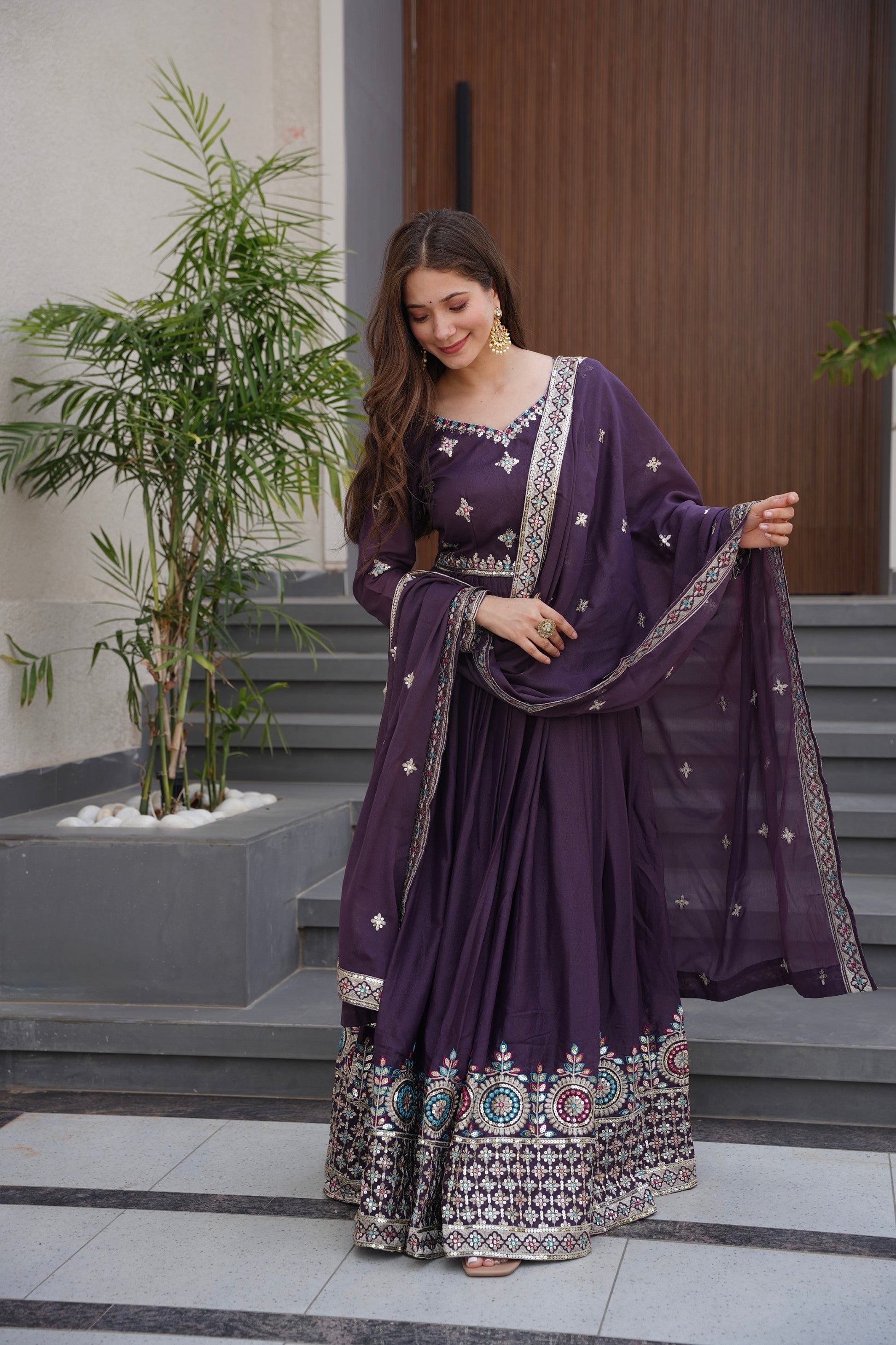 Lorenvalley Fashion Wine Diamond Silk with Embroidery Threads & Sequins Work Anarkali Gown with Dupatta 