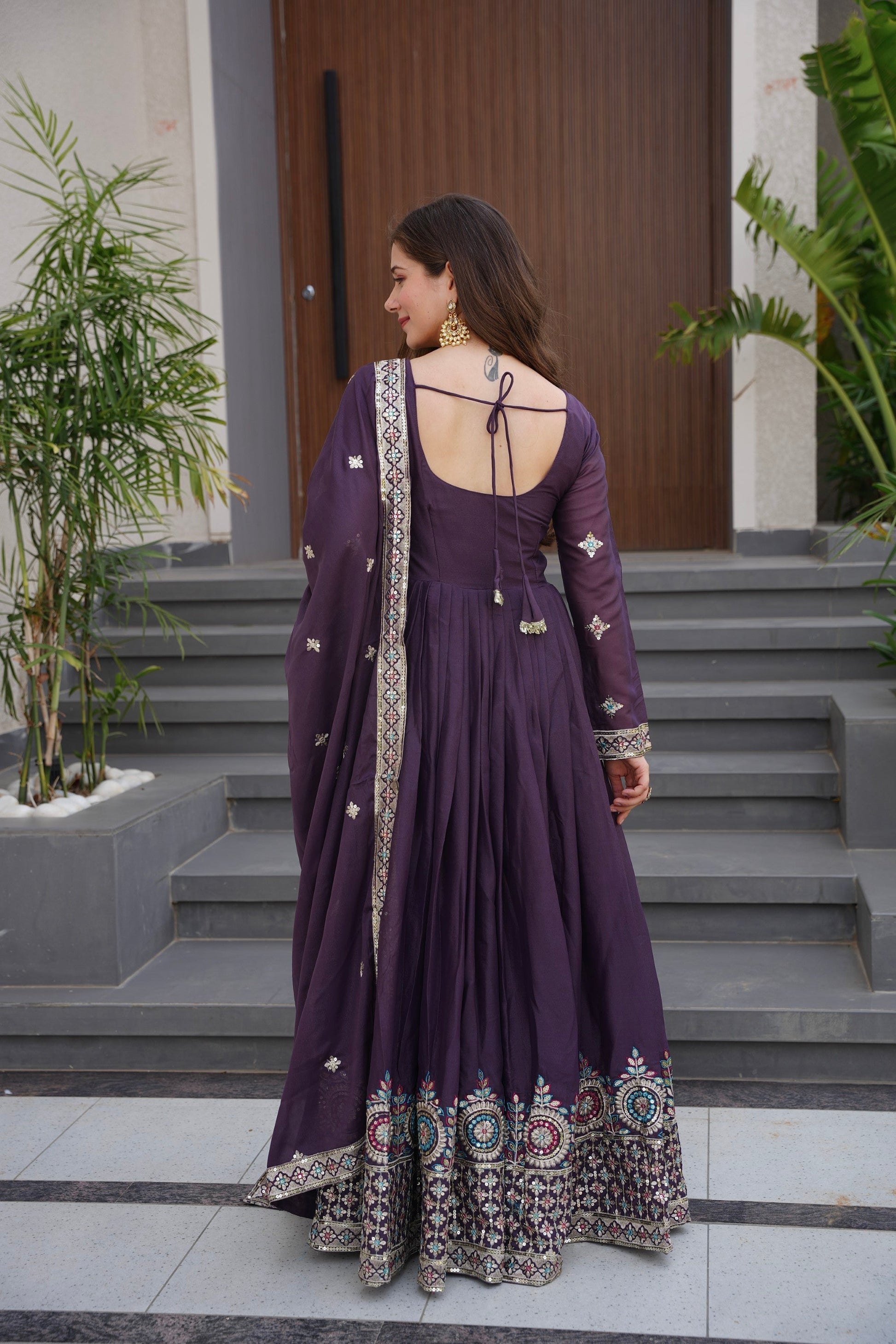 Lorenvalley Fashion Wine Diamond Silk with Embroidery Threads & Sequins Work Anarkali Gown with Dupatta 