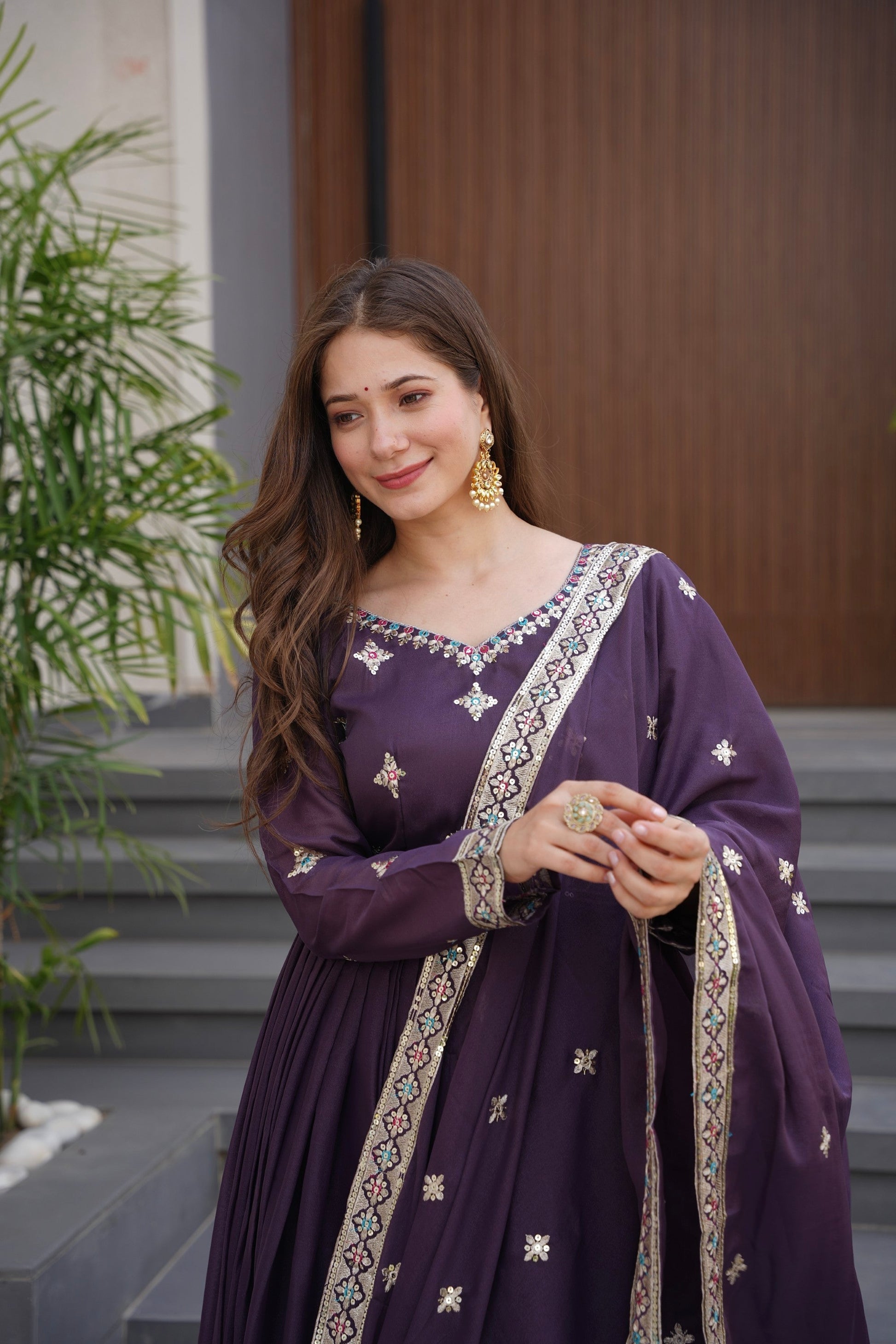 Lorenvalley Fashion Wine Diamond Silk with Embroidery Threads & Sequins Work Anarkali Gown with Dupatta 