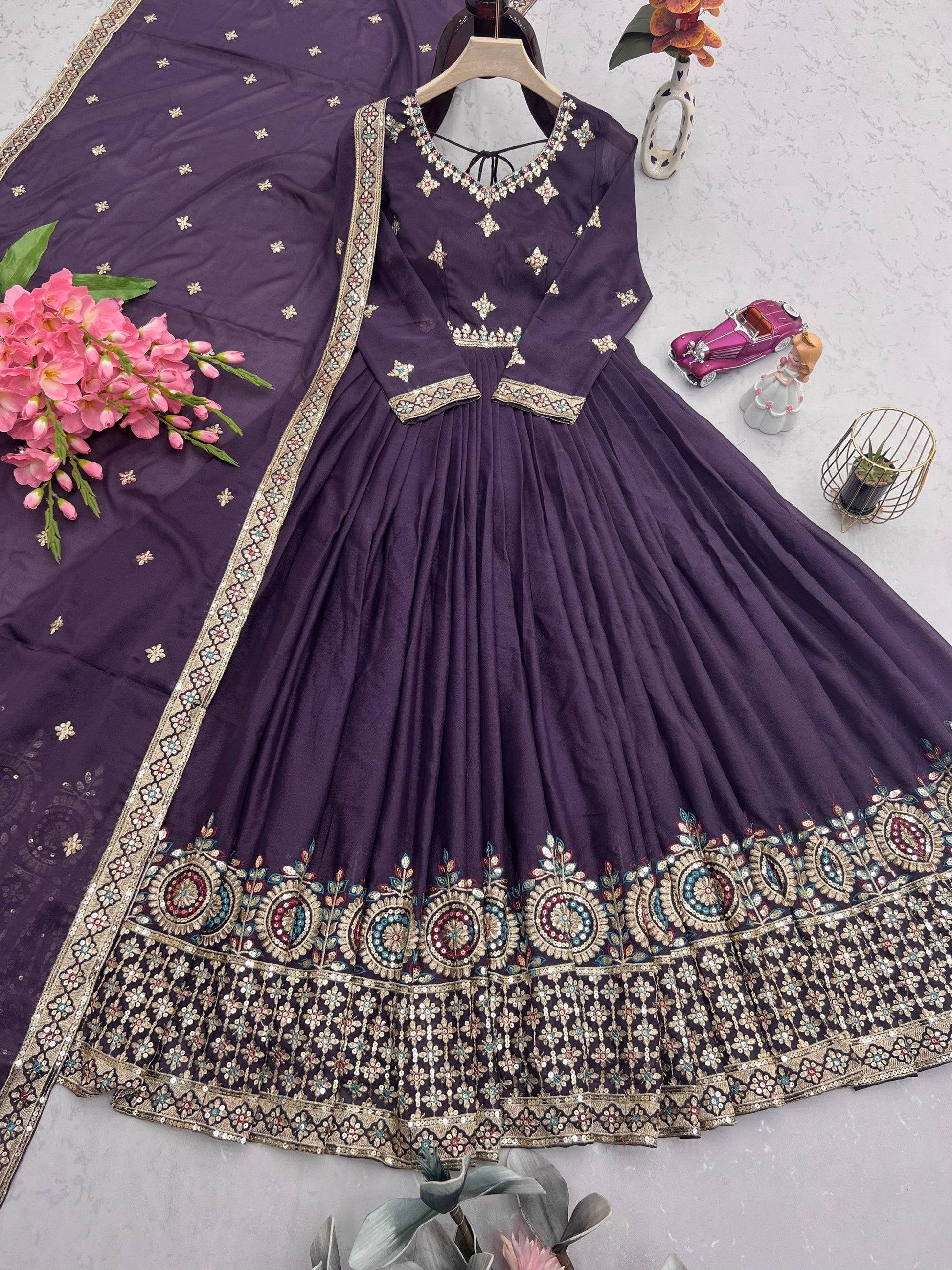 Lorenvalley Fashion Wine Diamond Silk with Embroidery Threads & Sequins Work Anarkali Gown with Dupatta 