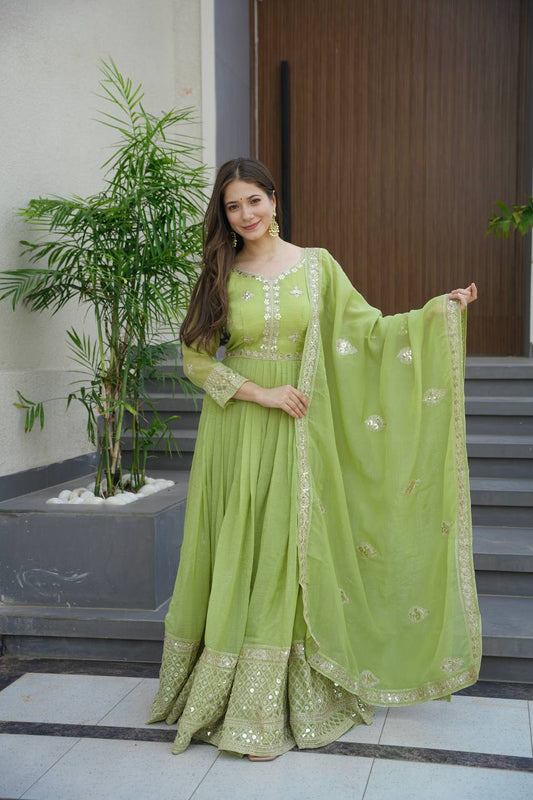 Lorenvalley Fashion Parrot Green Crunchy Silk with Embroidery Codding & Sequins Work Anarkali Gown with Dupatta 