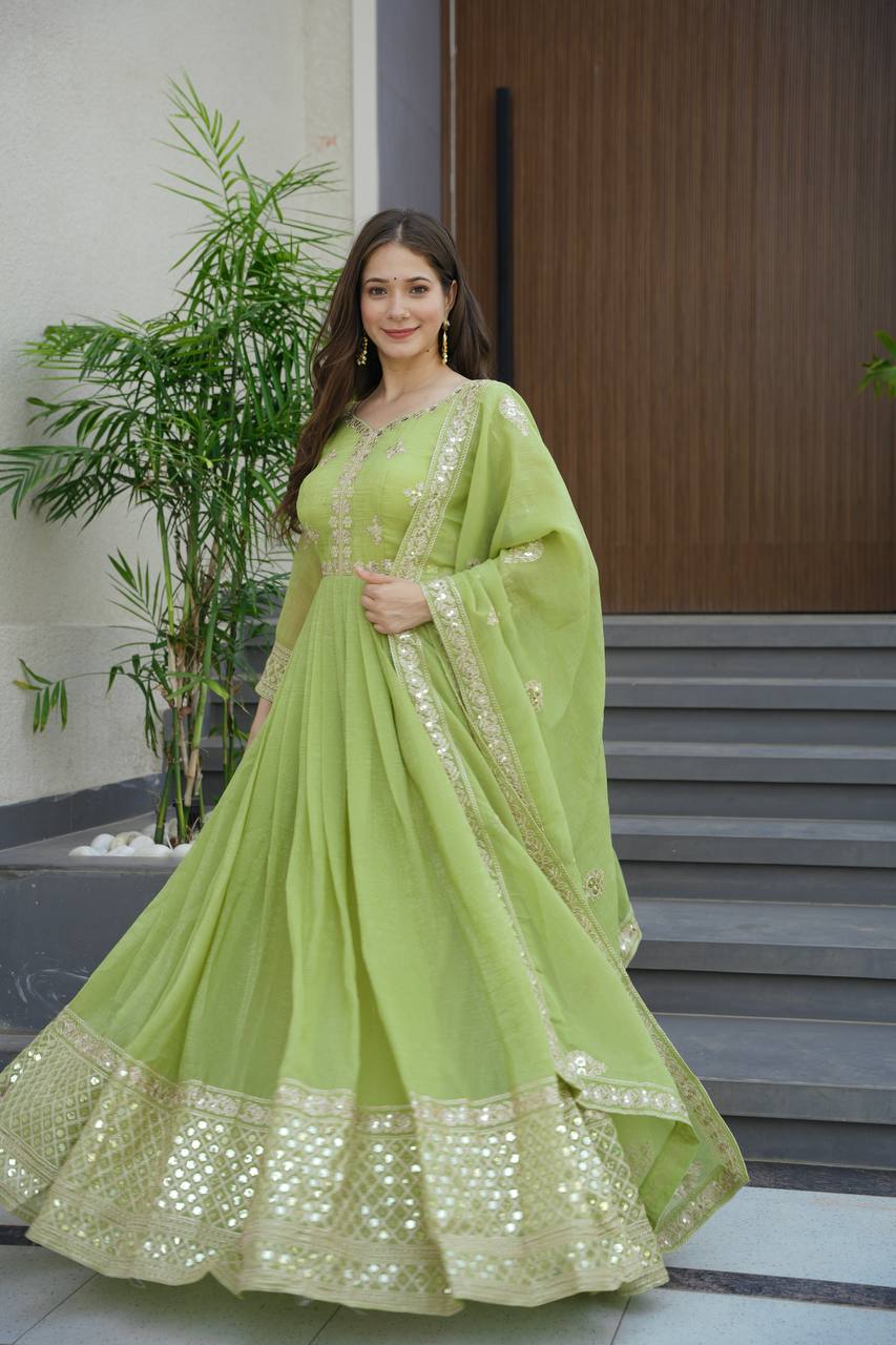 Lorenvalley Fashion Parrot Green Crunchy Silk with Embroidery Codding & Sequins Work Anarkali Gown with Dupatta 