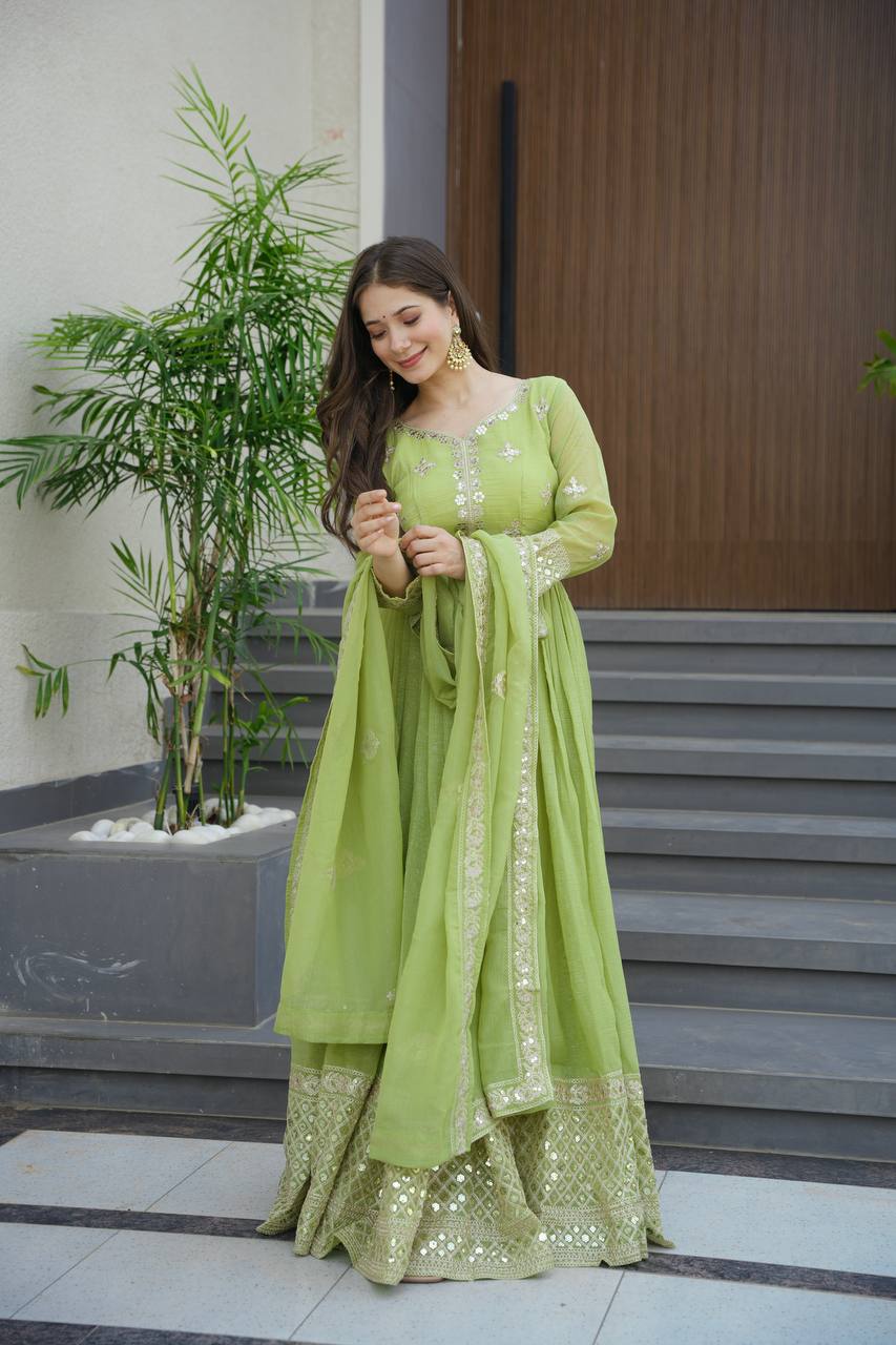 Lorenvalley Fashion Parrot Green Crunchy Silk with Embroidery Codding & Sequins Work Anarkali Gown with Dupatta 