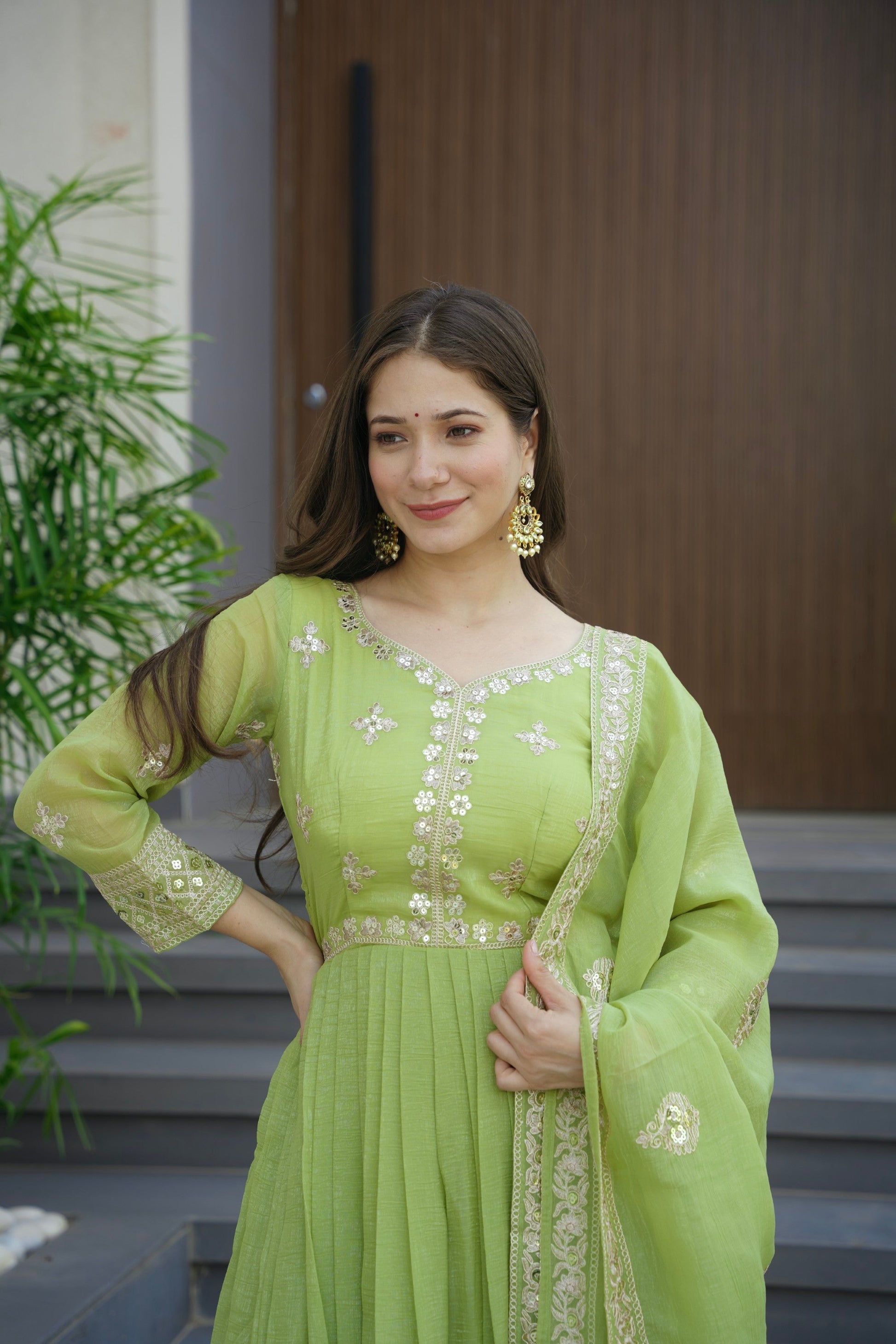 Lorenvalley Fashion Parrot Green Crunchy Silk with Embroidery Codding & Sequins Work Anarkali Gown with Dupatta 