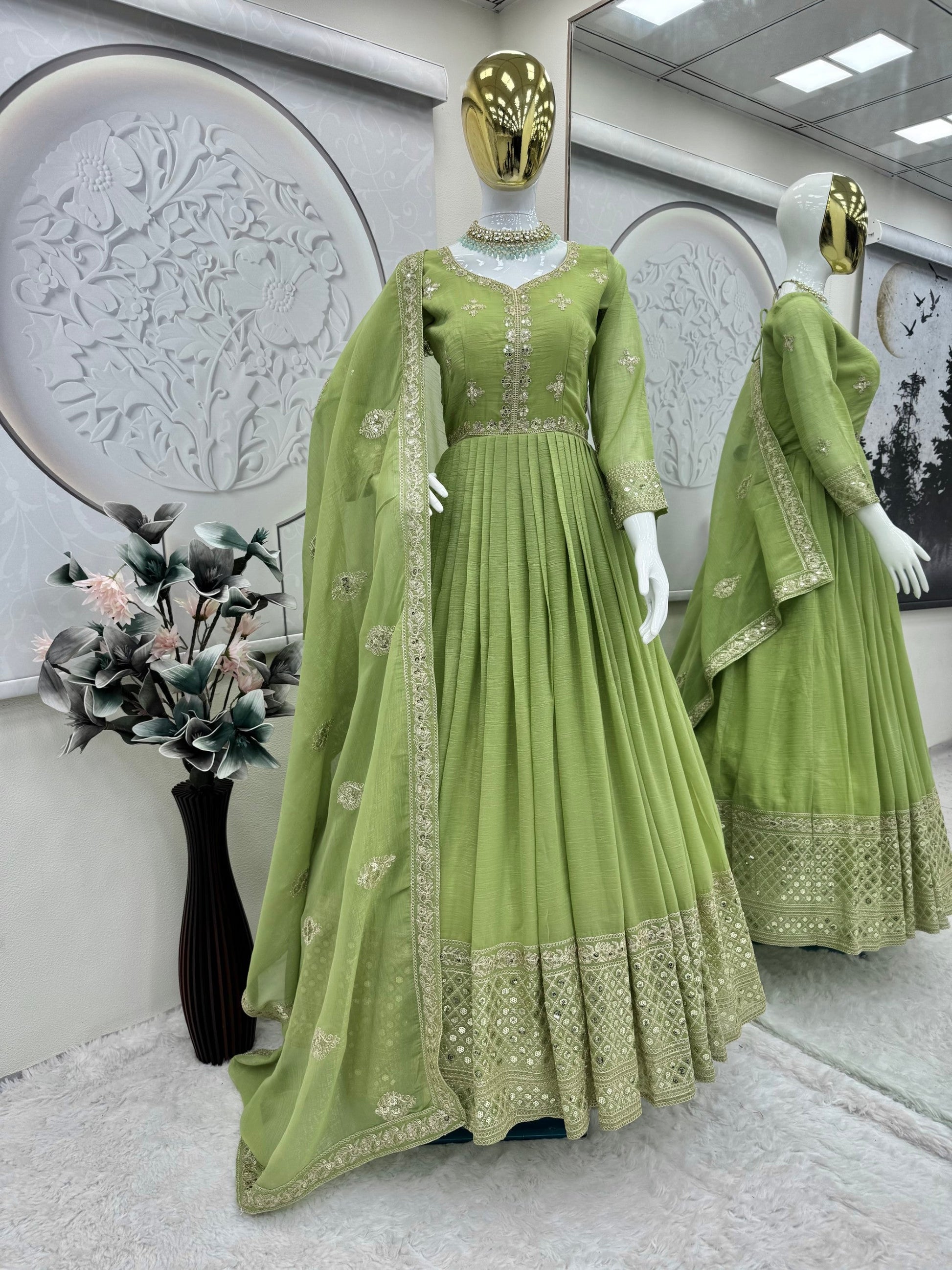 Lorenvalley Fashion Parrot Green Crunchy Silk with Embroidery Codding & Sequins Work Anarkali Gown with Dupatta 
