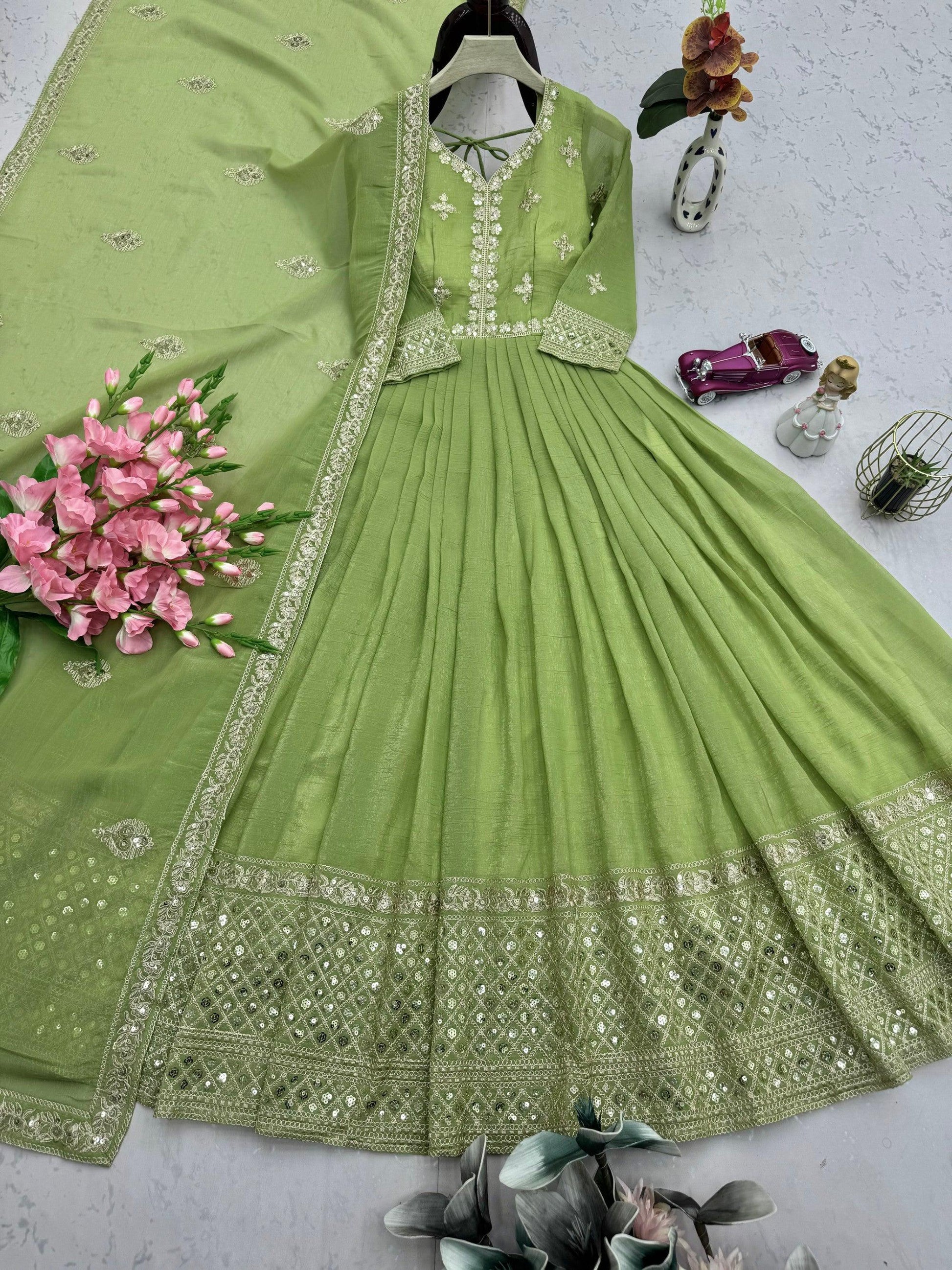 Lorenvalley Fashion Parrot Green Crunchy Silk with Embroidery Codding & Sequins Work Anarkali Gown with Dupatta 