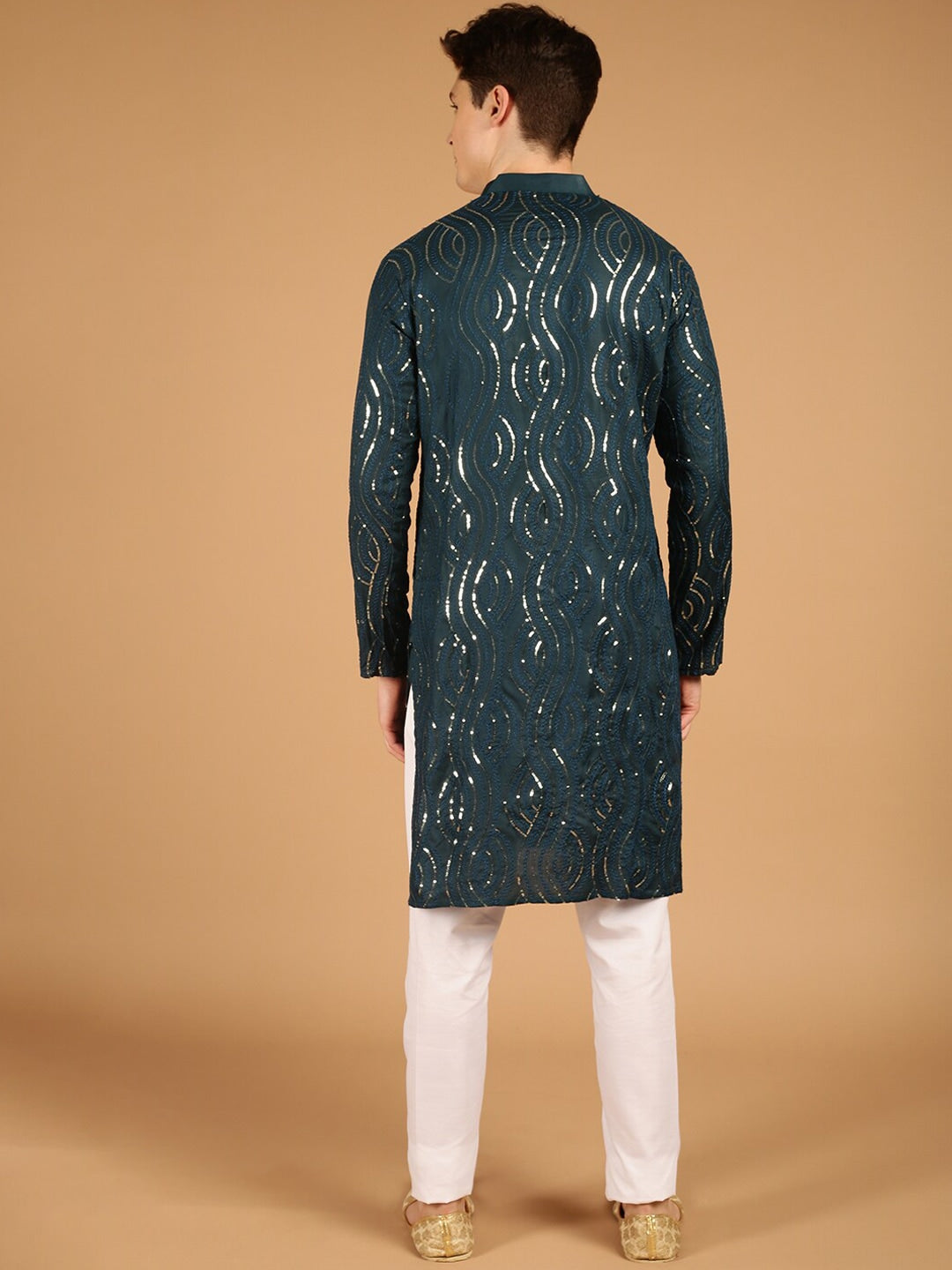 Sojanya Ethnic Motif Embroidered Band Collar Sequinned Pure Cotton Kurta 