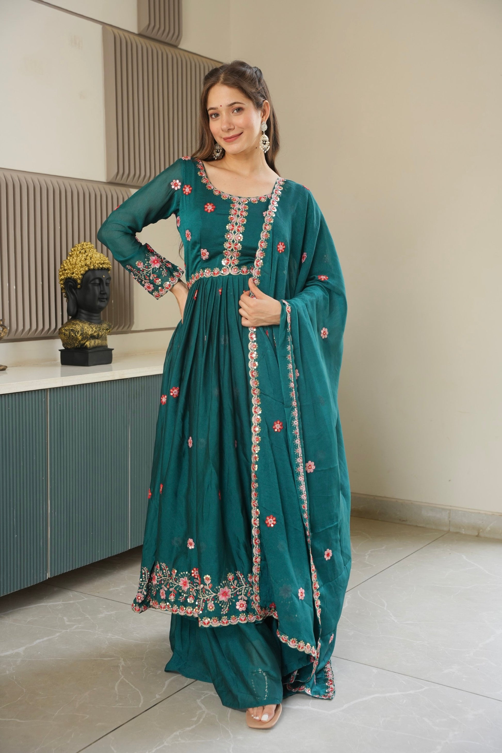 Lorenvalley Fashion Rama Noha Crush Silk with Embroidery Threads & Sequins Work Anarkali Sharara with Dupatta 