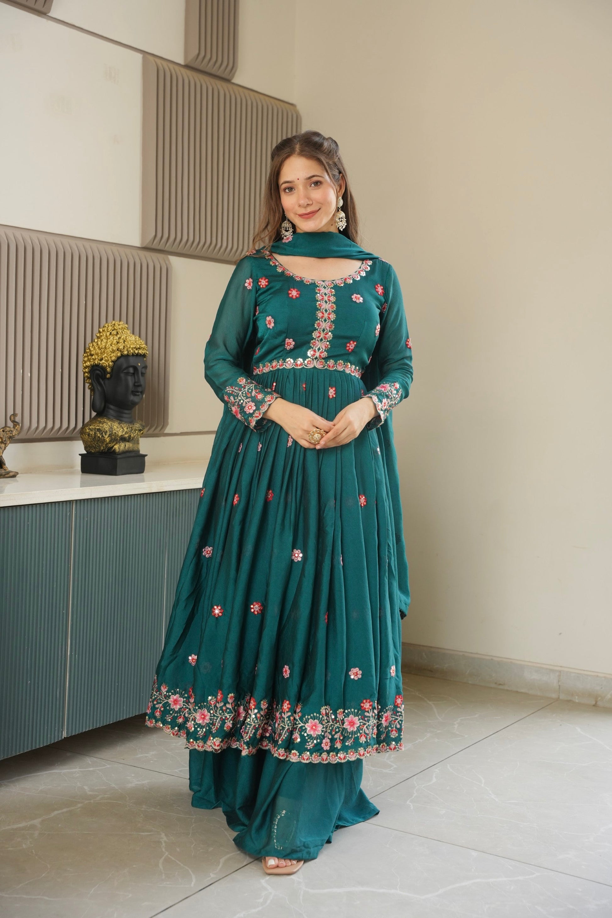 Lorenvalley Fashion Rama Noha Crush Silk with Embroidery Threads & Sequins Work Anarkali Sharara with Dupatta 