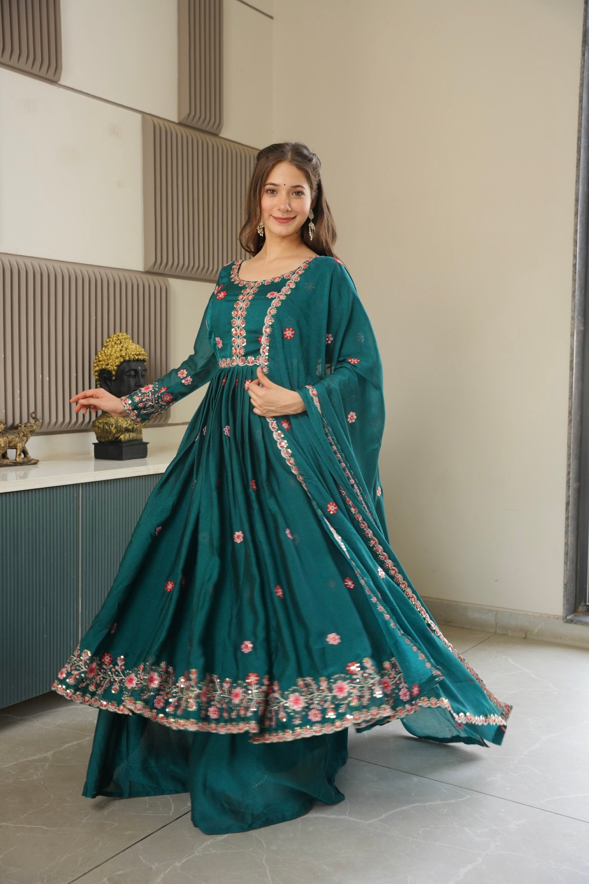 Lorenvalley Fashion Rama Noha Crush Silk with Embroidery Threads & Sequins Work Anarkali Sharara with Dupatta 