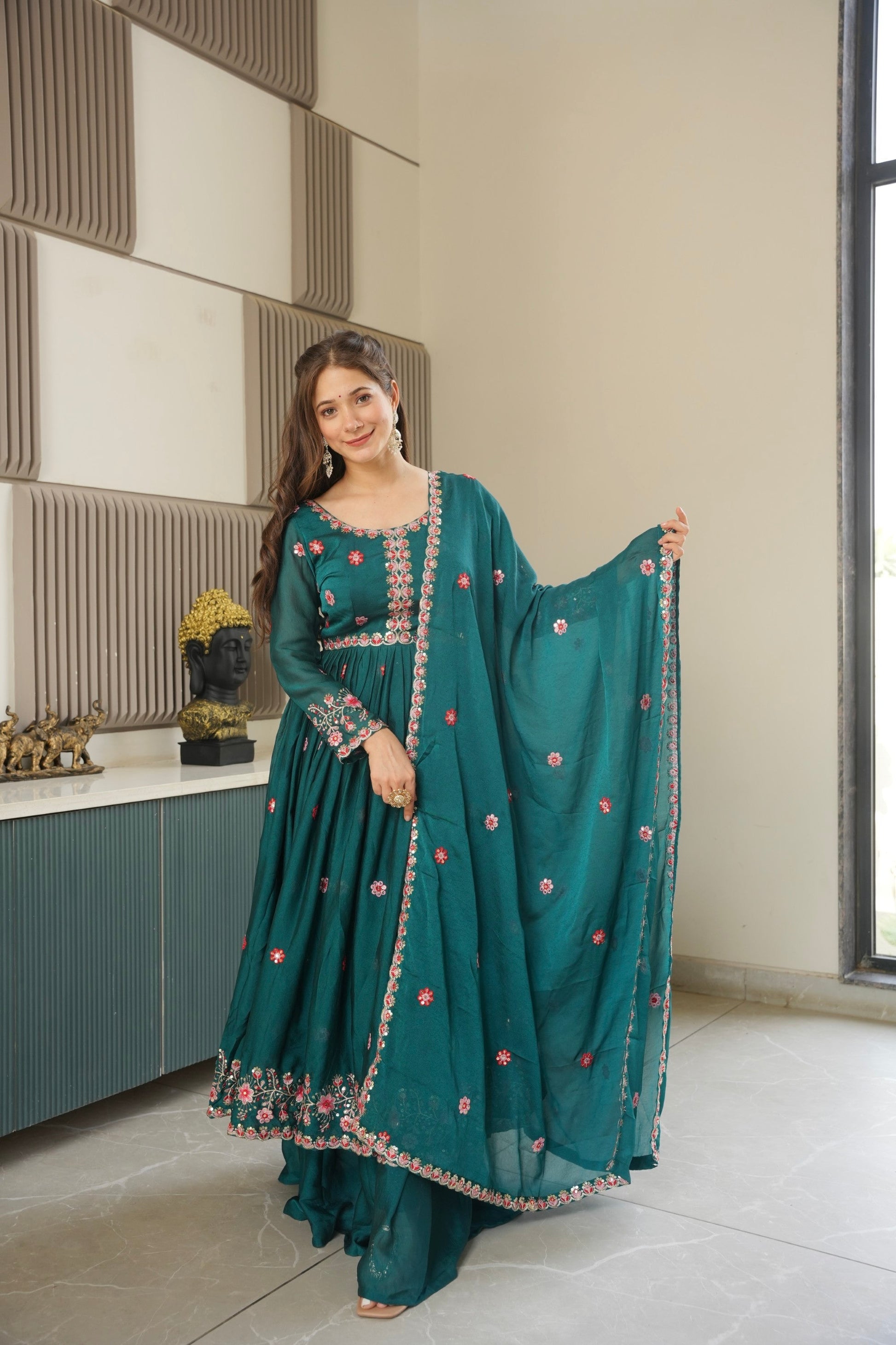 Lorenvalley Fashion Rama Noha Crush Silk with Embroidery Threads & Sequins Work Anarkali Sharara with Dupatta 