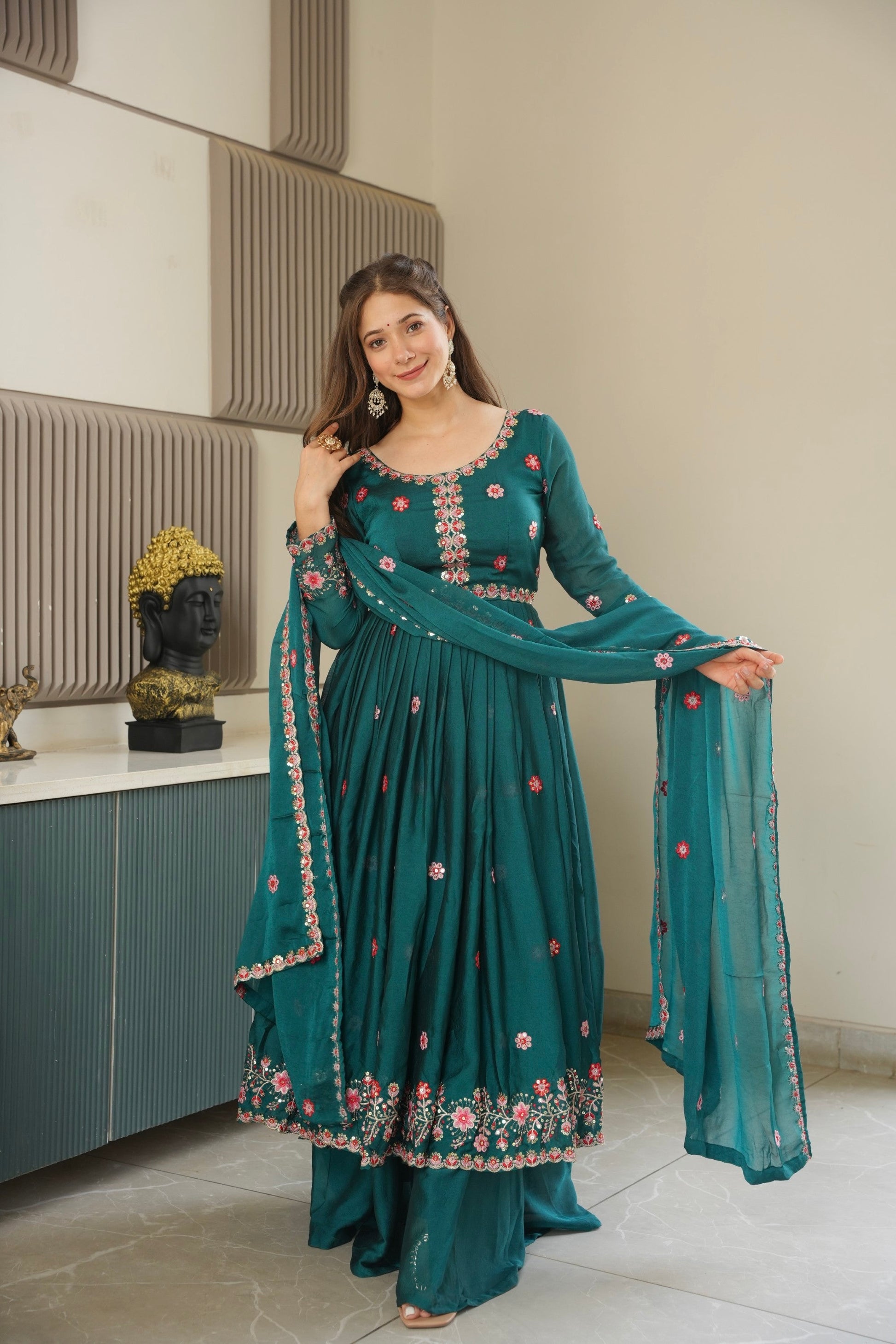 Lorenvalley Fashion Rama Noha Crush Silk with Embroidery Threads & Sequins Work Anarkali Sharara with Dupatta 