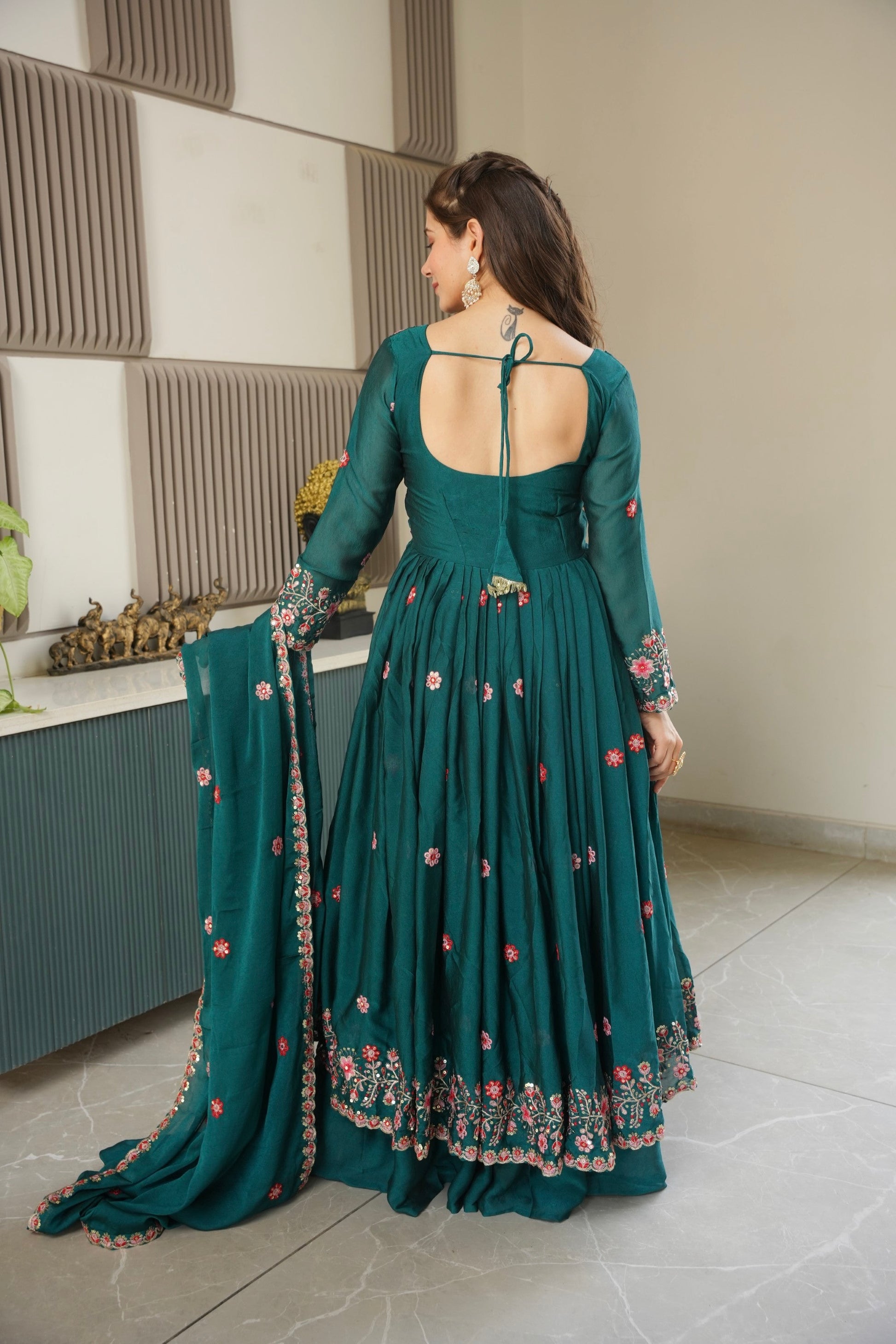 Lorenvalley Fashion Rama Noha Crush Silk with Embroidery Threads & Sequins Work Anarkali Sharara with Dupatta 