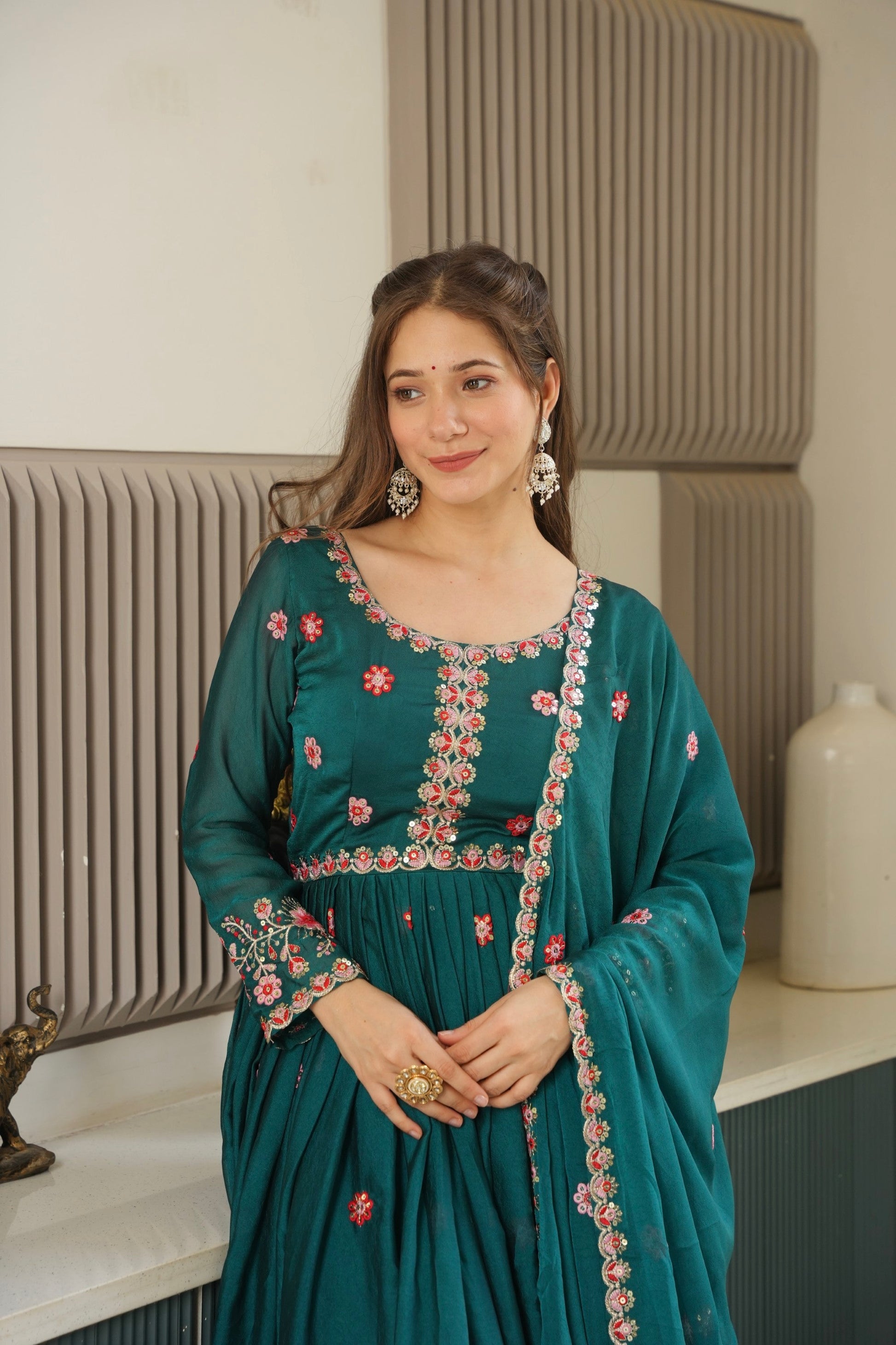 Lorenvalley Fashion Rama Noha Crush Silk with Embroidery Threads & Sequins Work Anarkali Sharara with Dupatta 