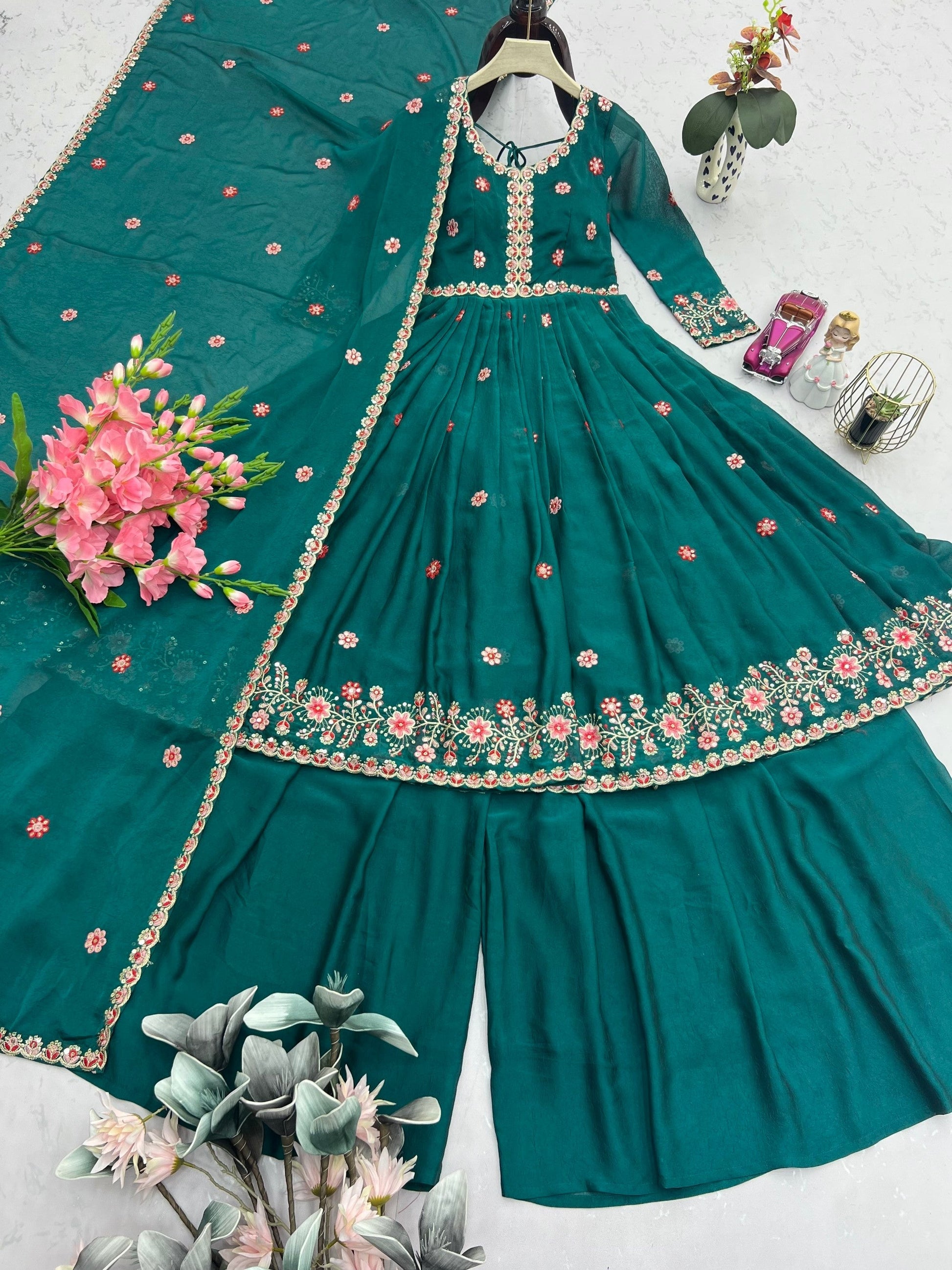 Lorenvalley Fashion Rama Noha Crush Silk with Embroidery Threads & Sequins Work Anarkali Sharara with Dupatta 