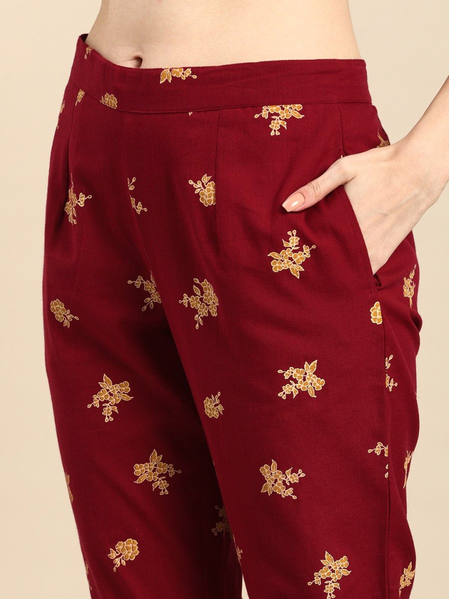 All About You Women Maroon & Mustard Yellow Floral Printed Pure Cotton Kurta with Trousers