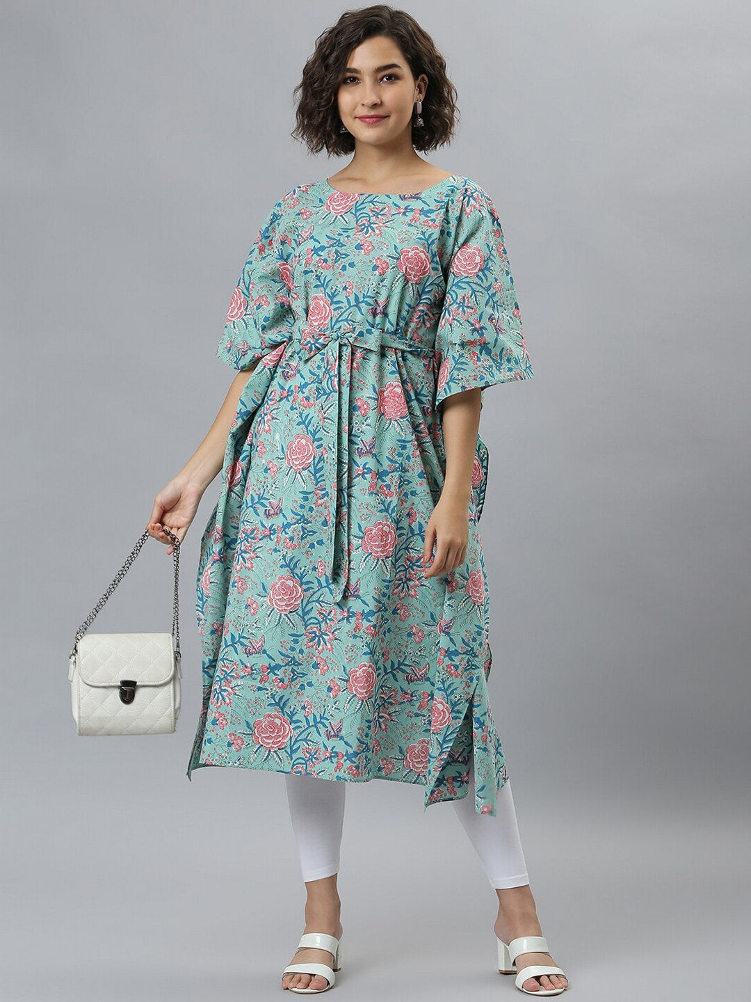 Janasya Women Sea Green Floral Printed Kaftan Kurta