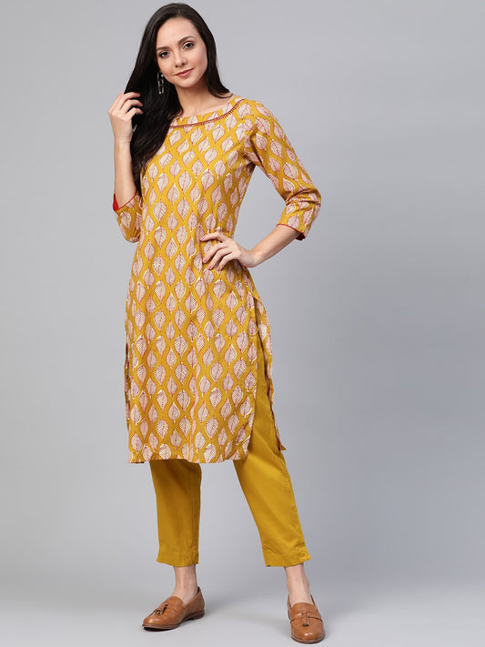 Sangria Women Mustard Yellow & Off-White Printed Kurta with Trousers - Grab2buy