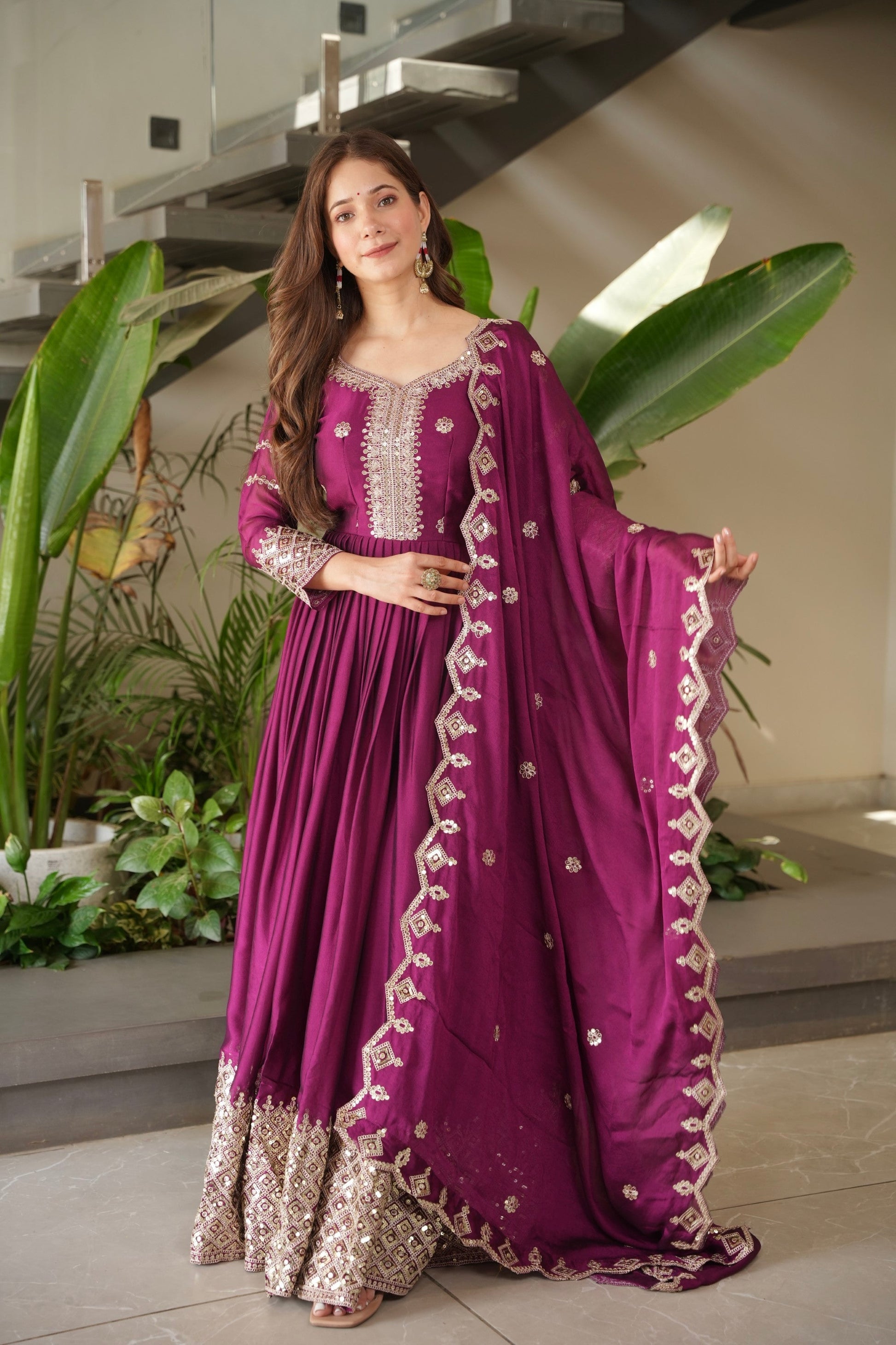 Lorenvalley Fashion Purple Noha Crush Silk with Embroidery Threads & Sequins Work Anarkali Gown with Dupatta 